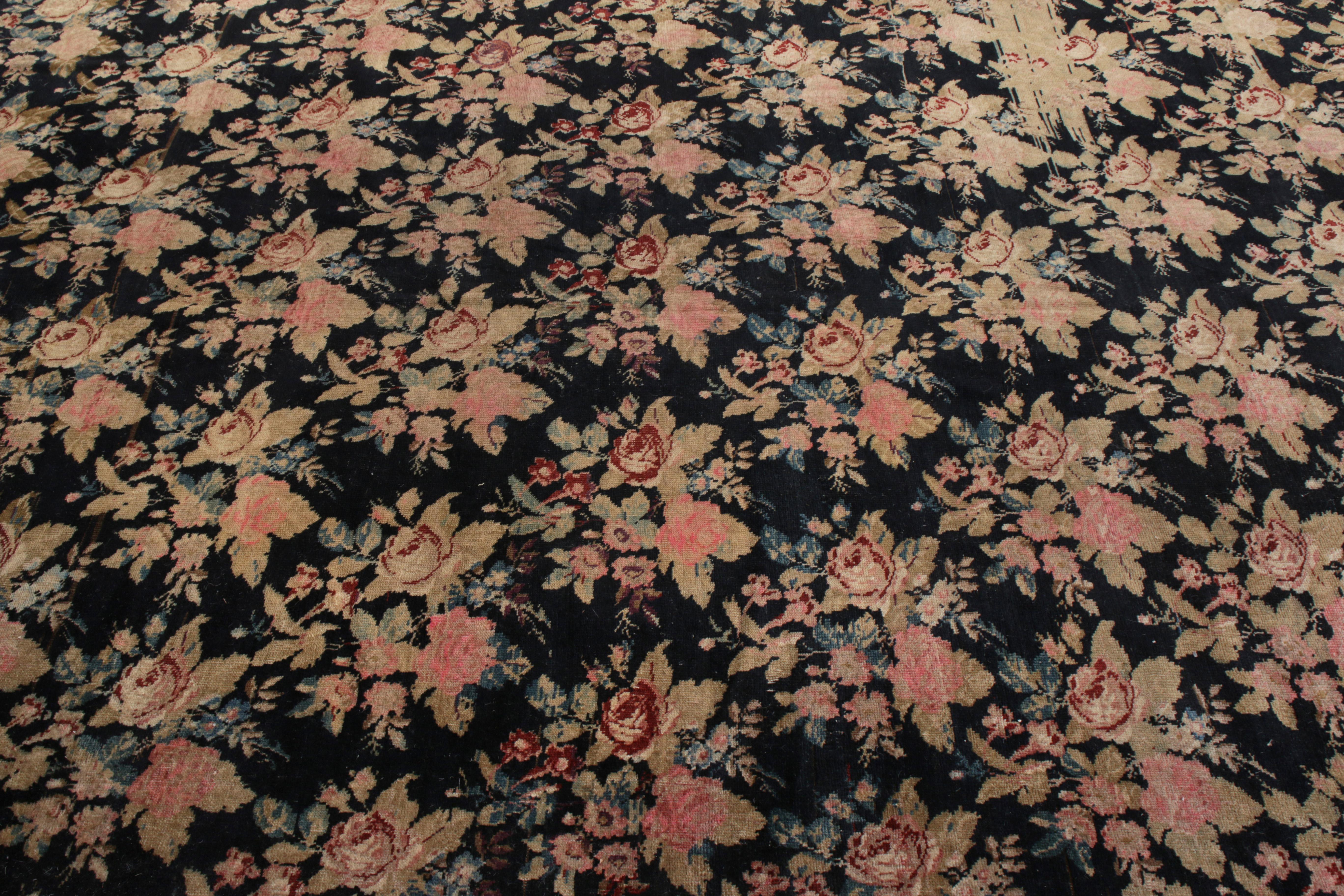 Russian Hand-Knotted Antique Karabagh Rug, Pink and Black Floral Pattern For Sale