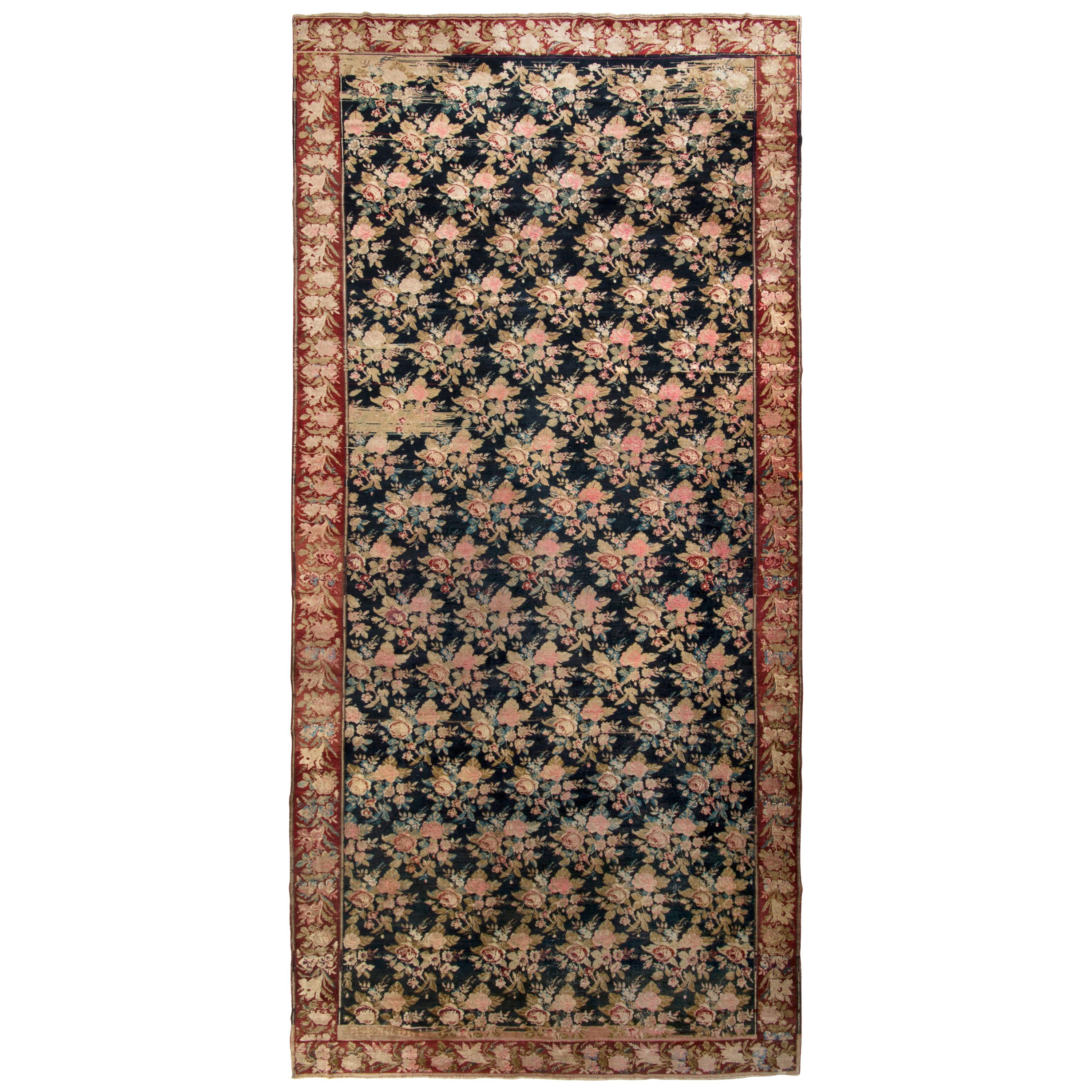 Hand-Knotted Antique Karabagh Rug, Pink and Black Floral Pattern
