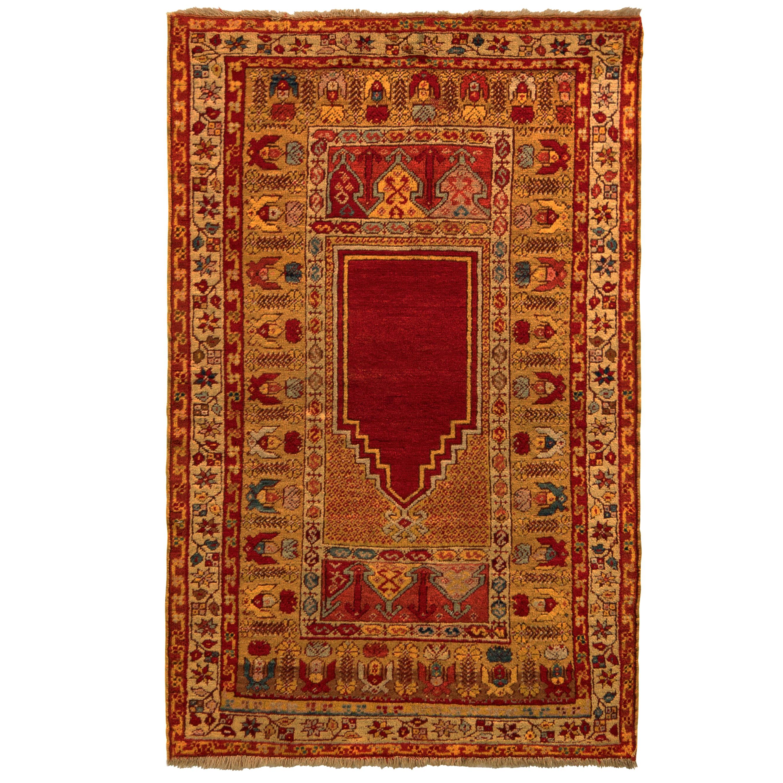 Hand Knotted Antique Karshi Persian Rug in Gold and Red Mihrab Pattern