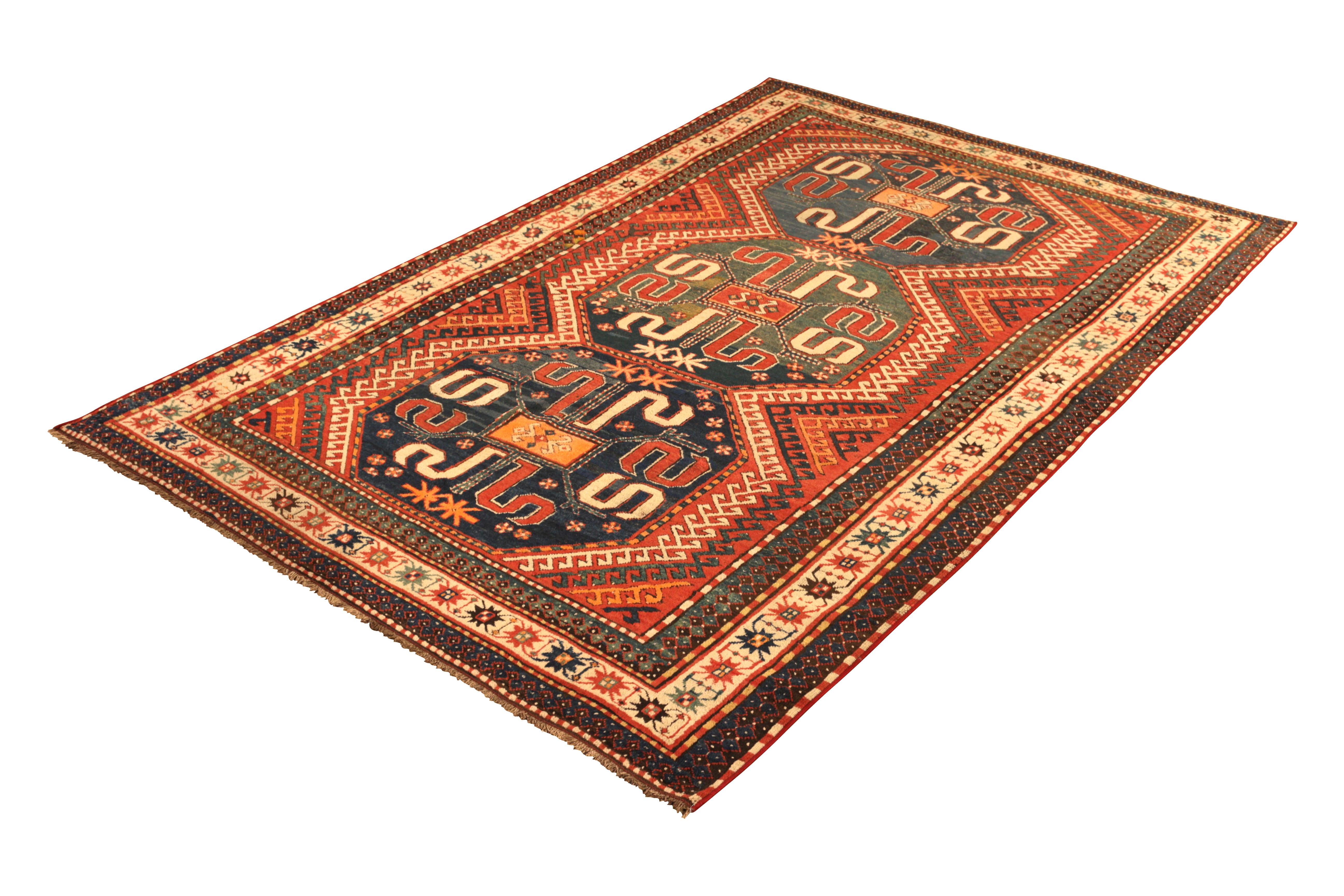 While this hand knotted wool antique rug originates from Russia circa 1910-1920, the Kasai rug design draws its name from the Central African river region of influence in the pattern, as less widely known but remarkable tribal rug family with