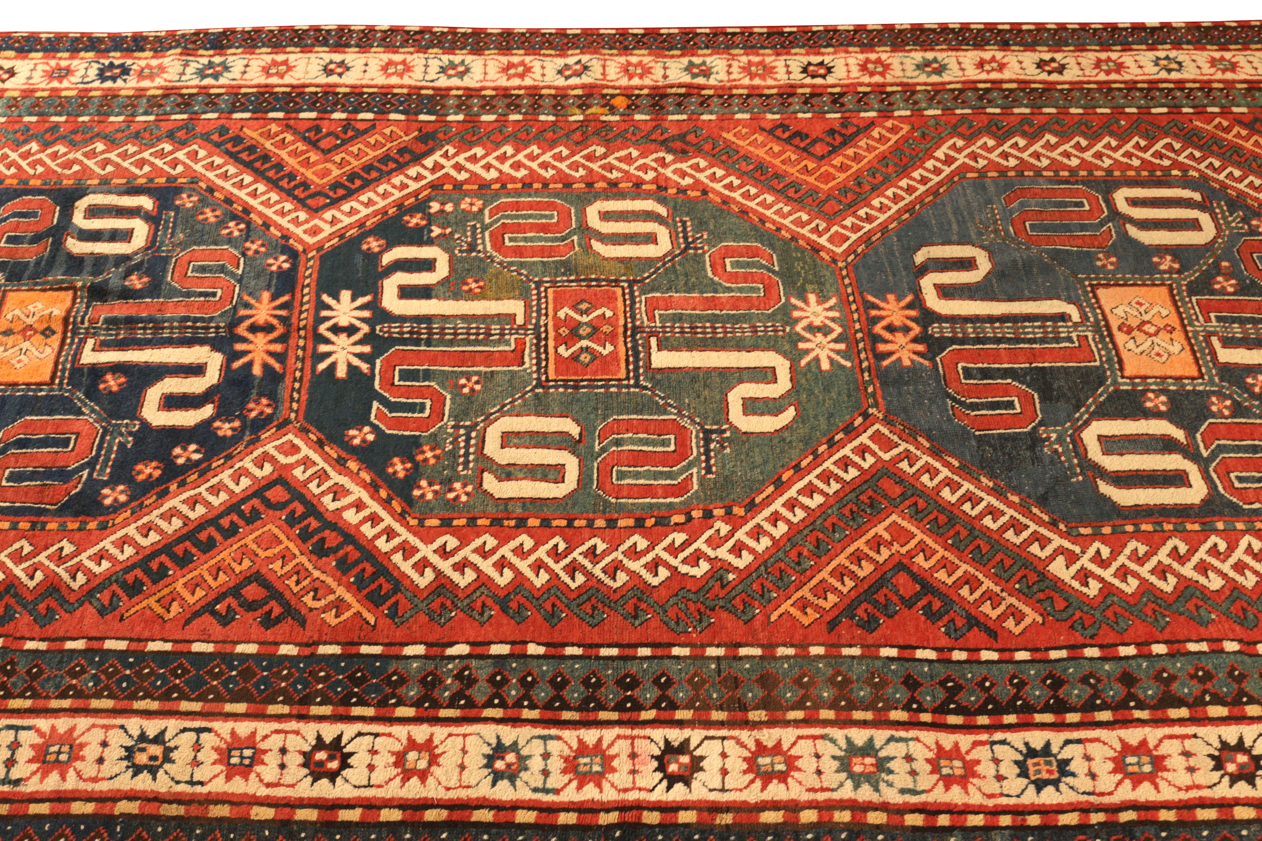 Russian Hand Knotted Antique Kasai Rug Orange Geometric Tribal Pattern by Rug & Kilim For Sale