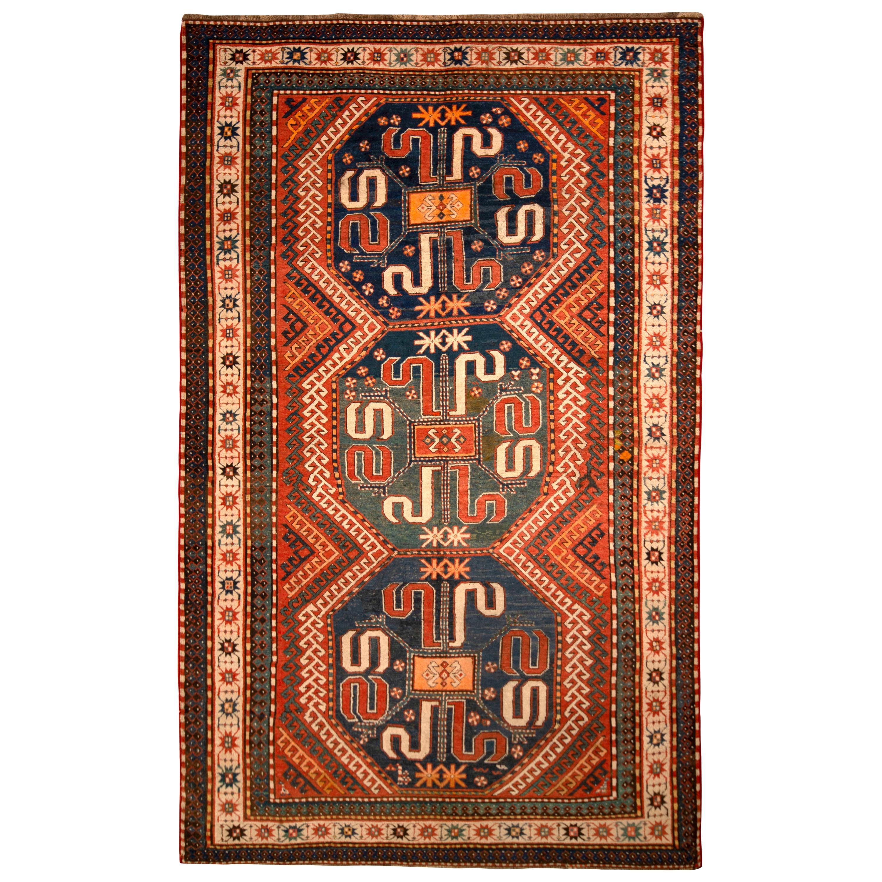 Hand Knotted Antique Kasai Rug Orange Geometric Tribal Pattern by Rug & Kilim For Sale