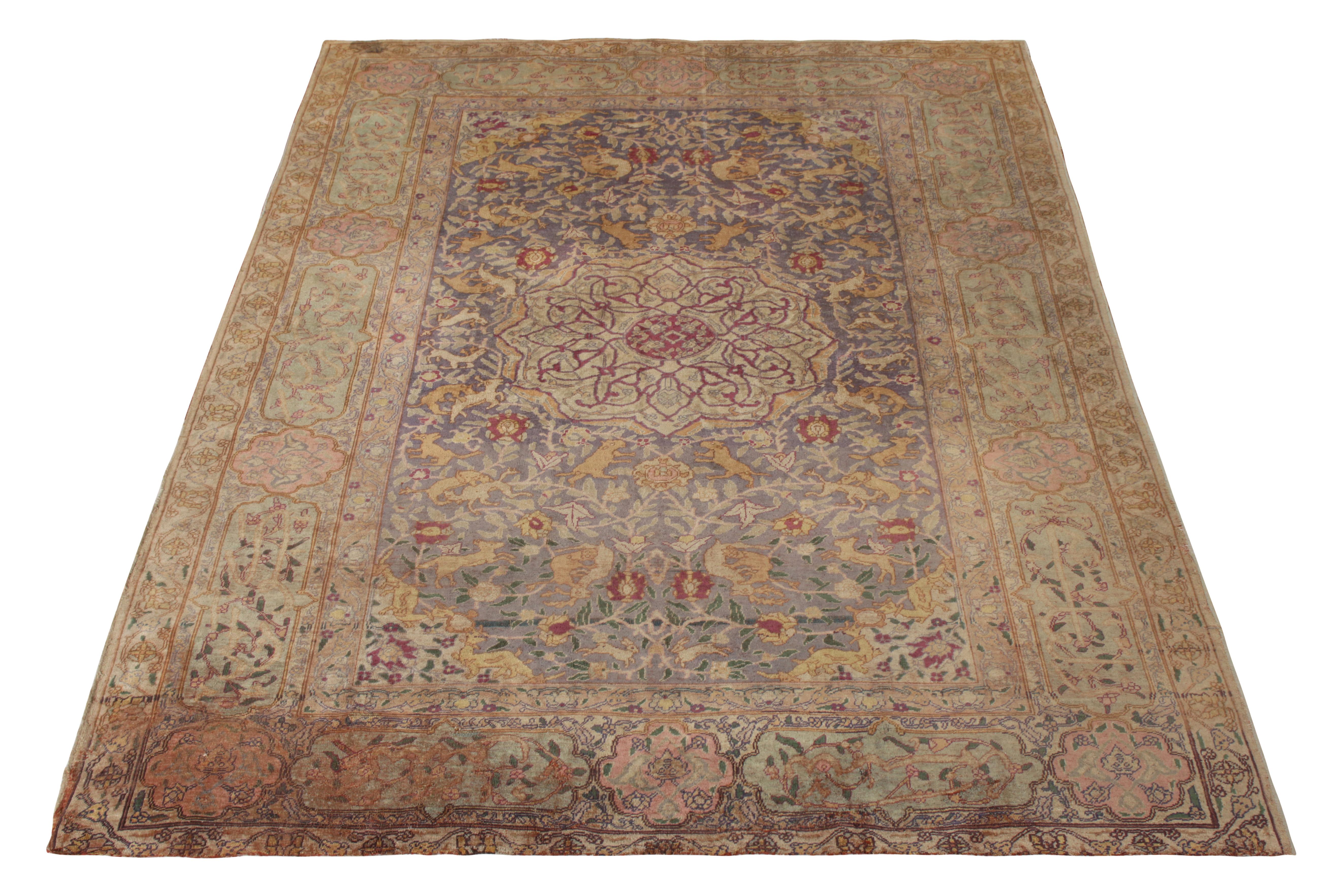 A 4x6 antique rug connoting a rare Kayseri design, hand knotted in all silk originating from Turkey circa 1920-1930. Enjoying a unique pallet including prevalent green and gold hues, as well as uncommon pictorial references. 

On the design: The