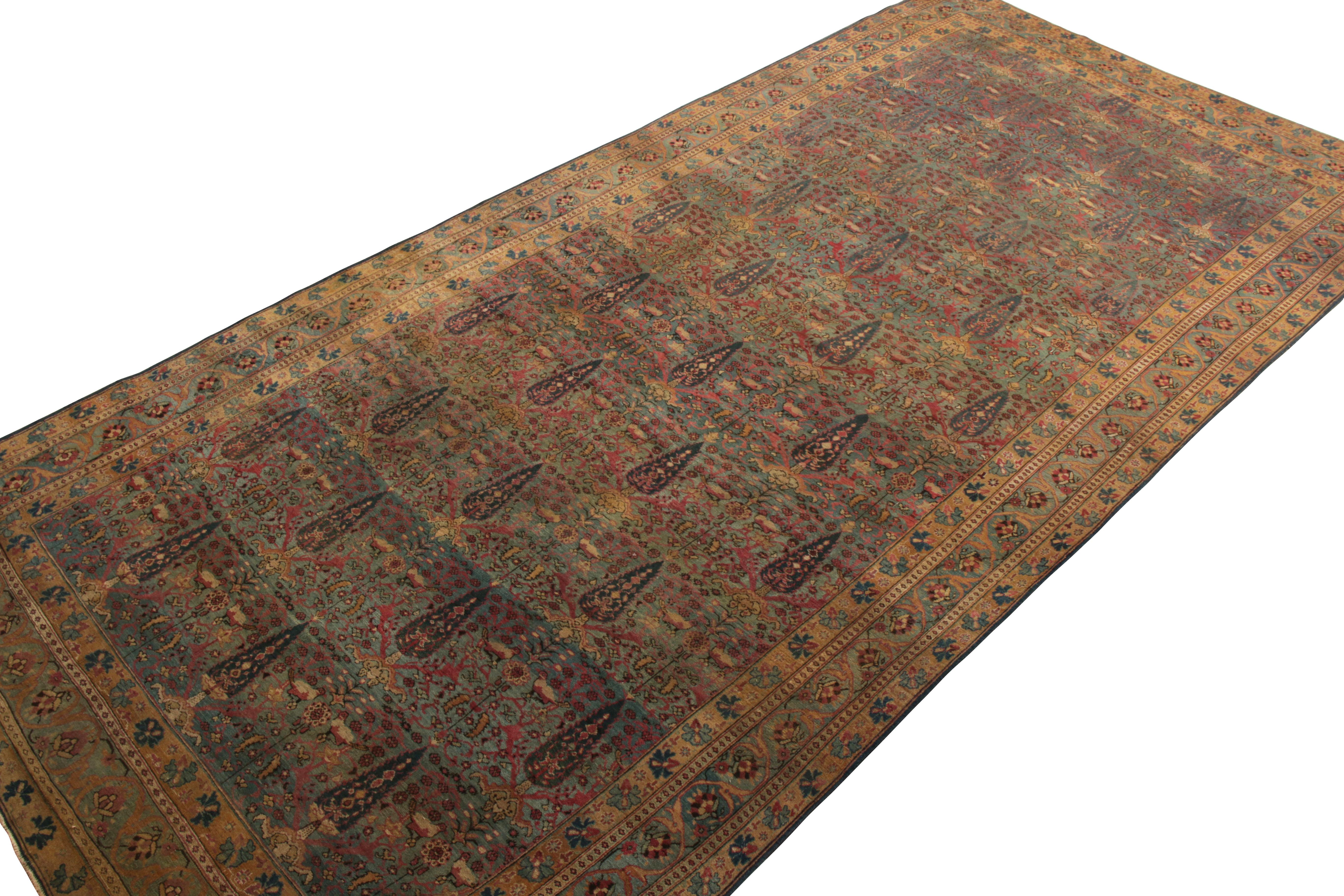 Art Deco Hand-Knotted Antique Kerman Persian Rug Blue Brown Floral Pattern by Rug & Kilim For Sale