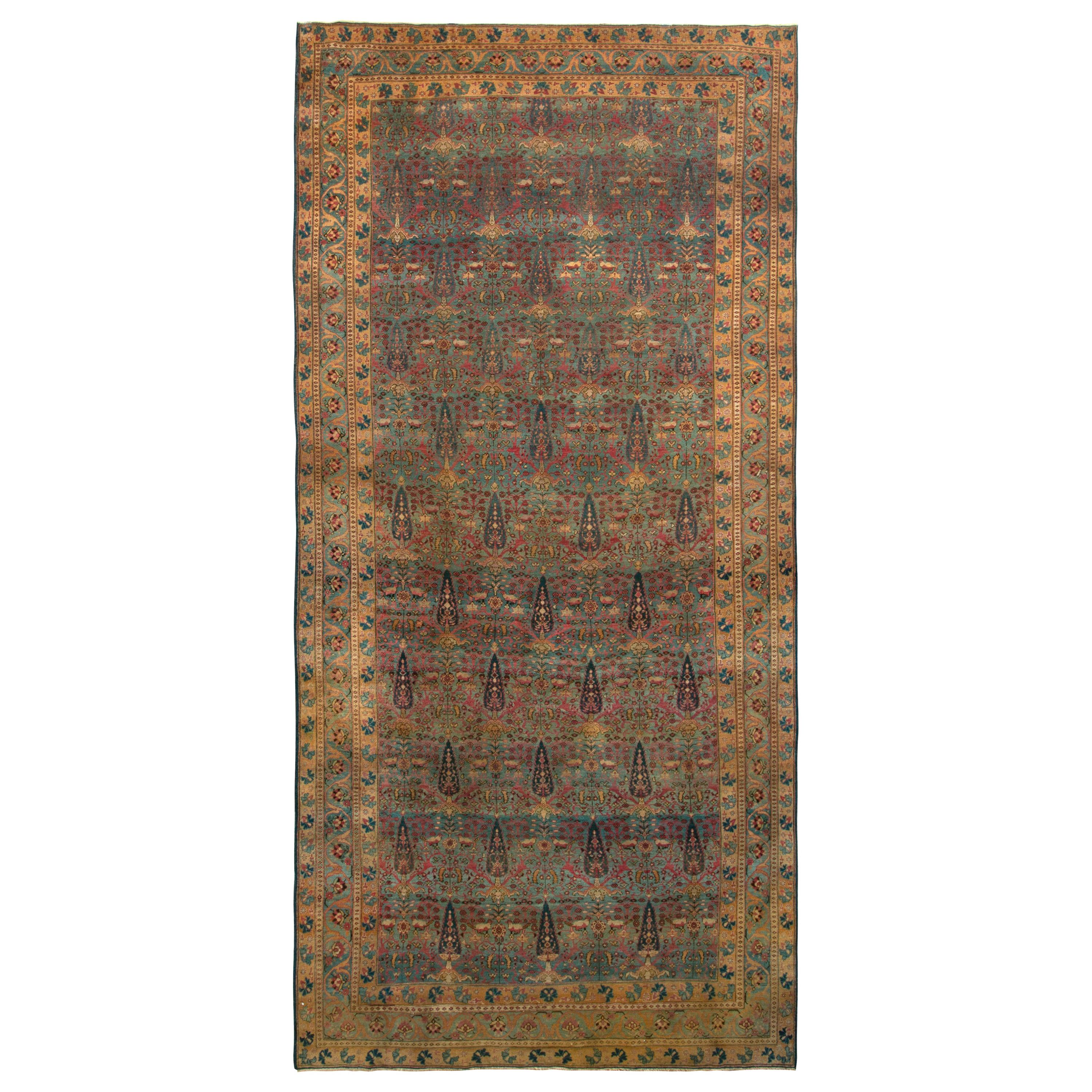 Hand-Knotted Antique Kerman Persian Rug Blue Brown Floral Pattern by Rug & Kilim For Sale