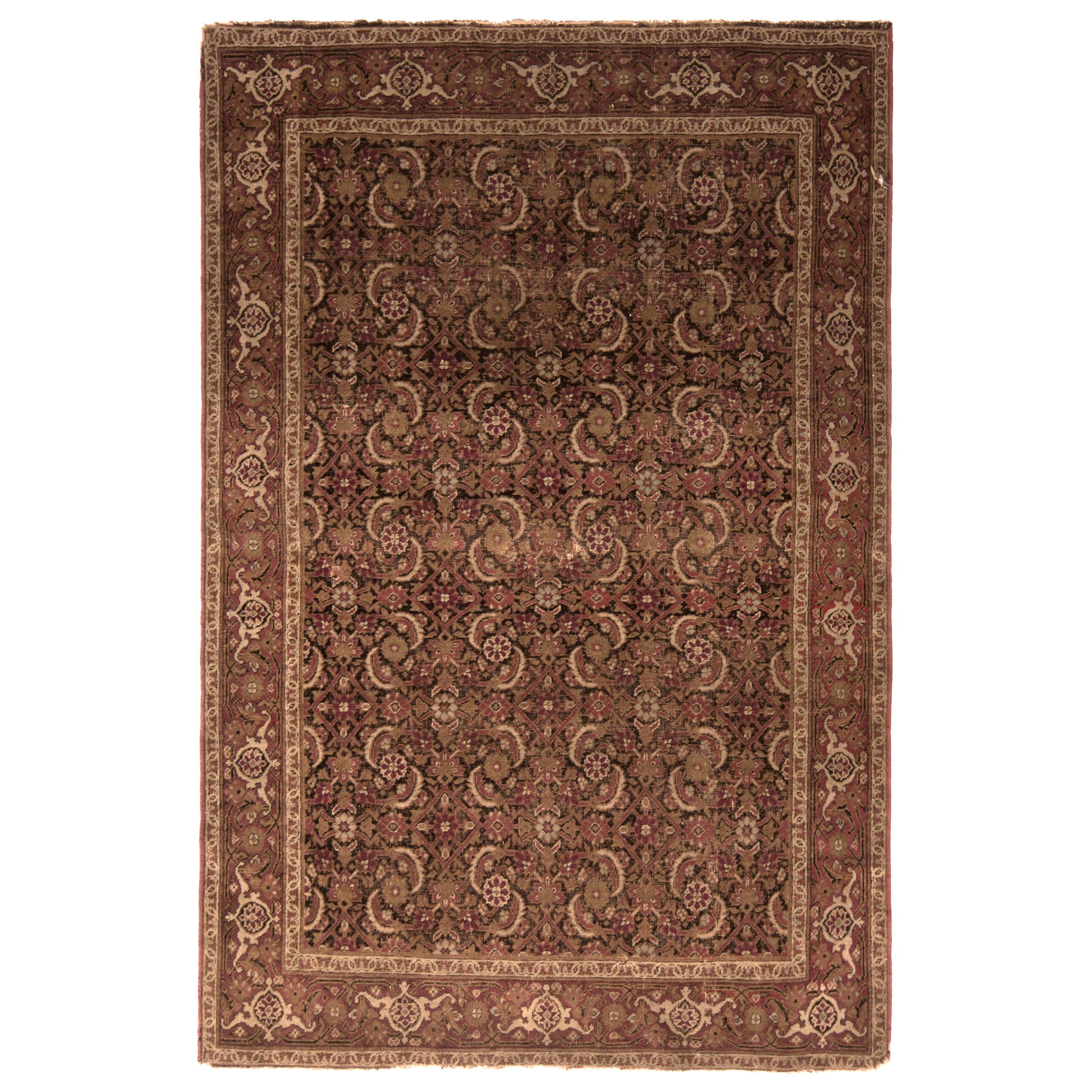 Handgeknüpfter antiker Kerman Lavar Teppich mit beigem und braunem Herati-Muster von Teppich & Kelim