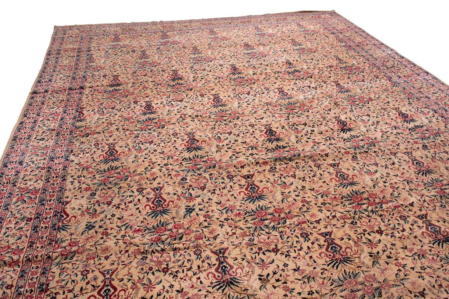Persian Hand Knotted Antique Kerman Lavar Rug in Beige Pink and Blue Floral Pattern