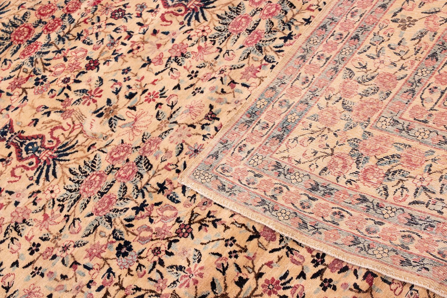 Hand-Knotted Hand Knotted Antique Kerman Lavar Rug in Beige Pink and Blue Floral Pattern