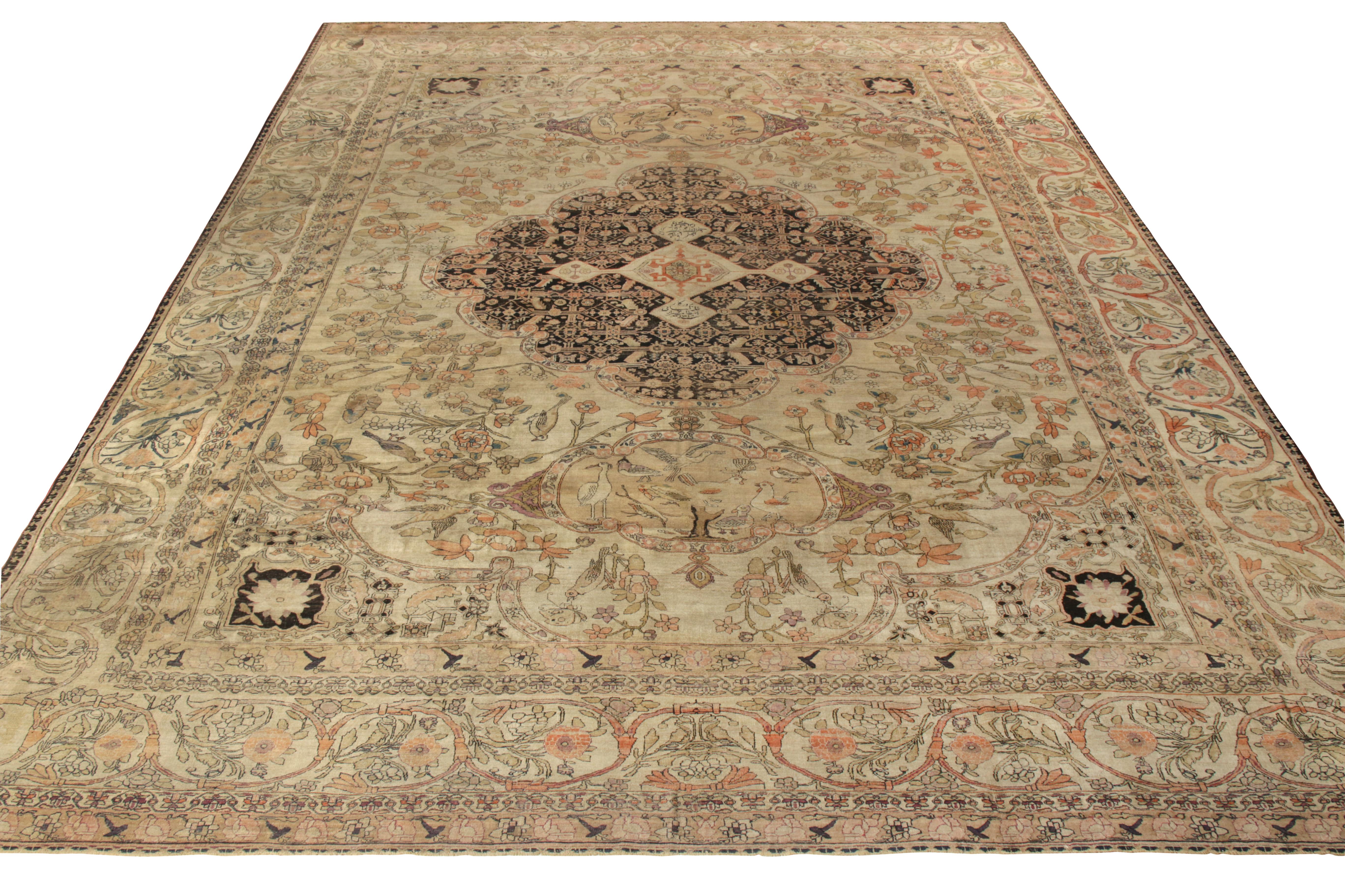 Hand knotted in wool, a 13x17 antique Persian Kerman Lavar joining rug & Kilim’s coveted Antique & Vintage collection. Originating from Persia circa 1920-1930, the piece flourishes in classic sensibilities of the early 19th century. Not only