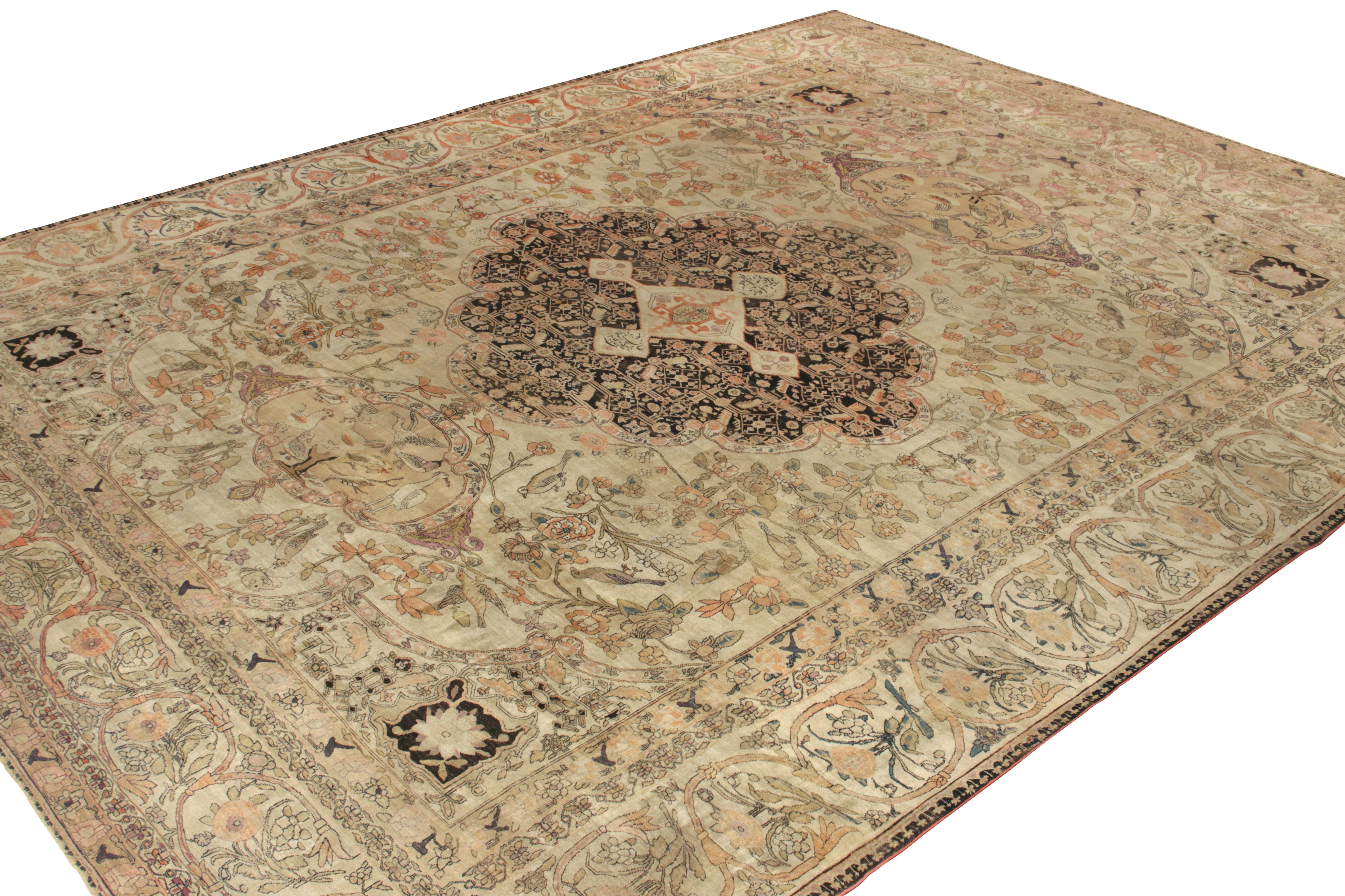 Kirman Hand-Knotted Antique Kerman Rug in Beige-Brown Pictorial Pattern by Rug & Kilim For Sale