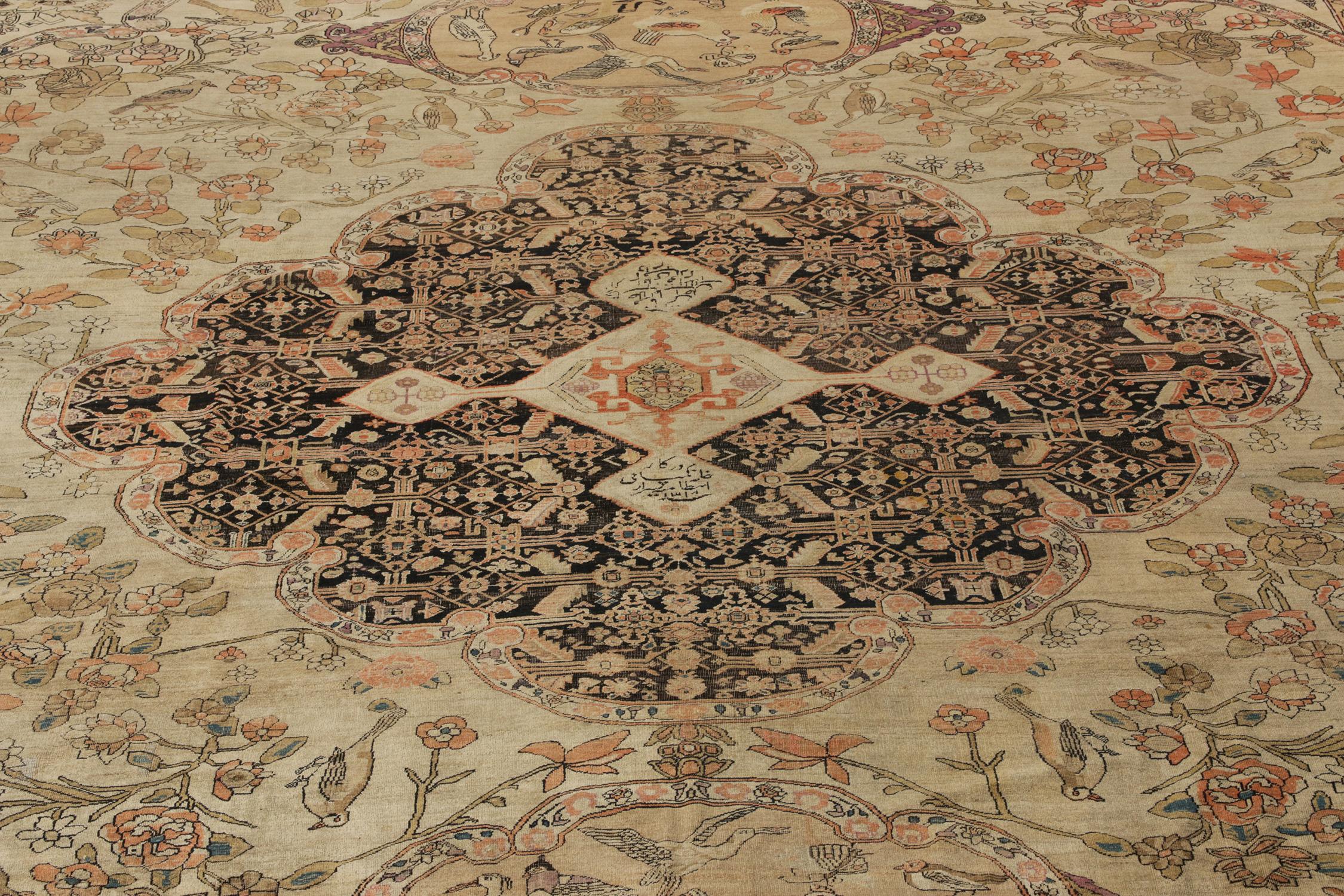 Persian Hand-Knotted Antique Kerman Rug in Beige-Brown Pictorial Pattern by Rug & Kilim For Sale
