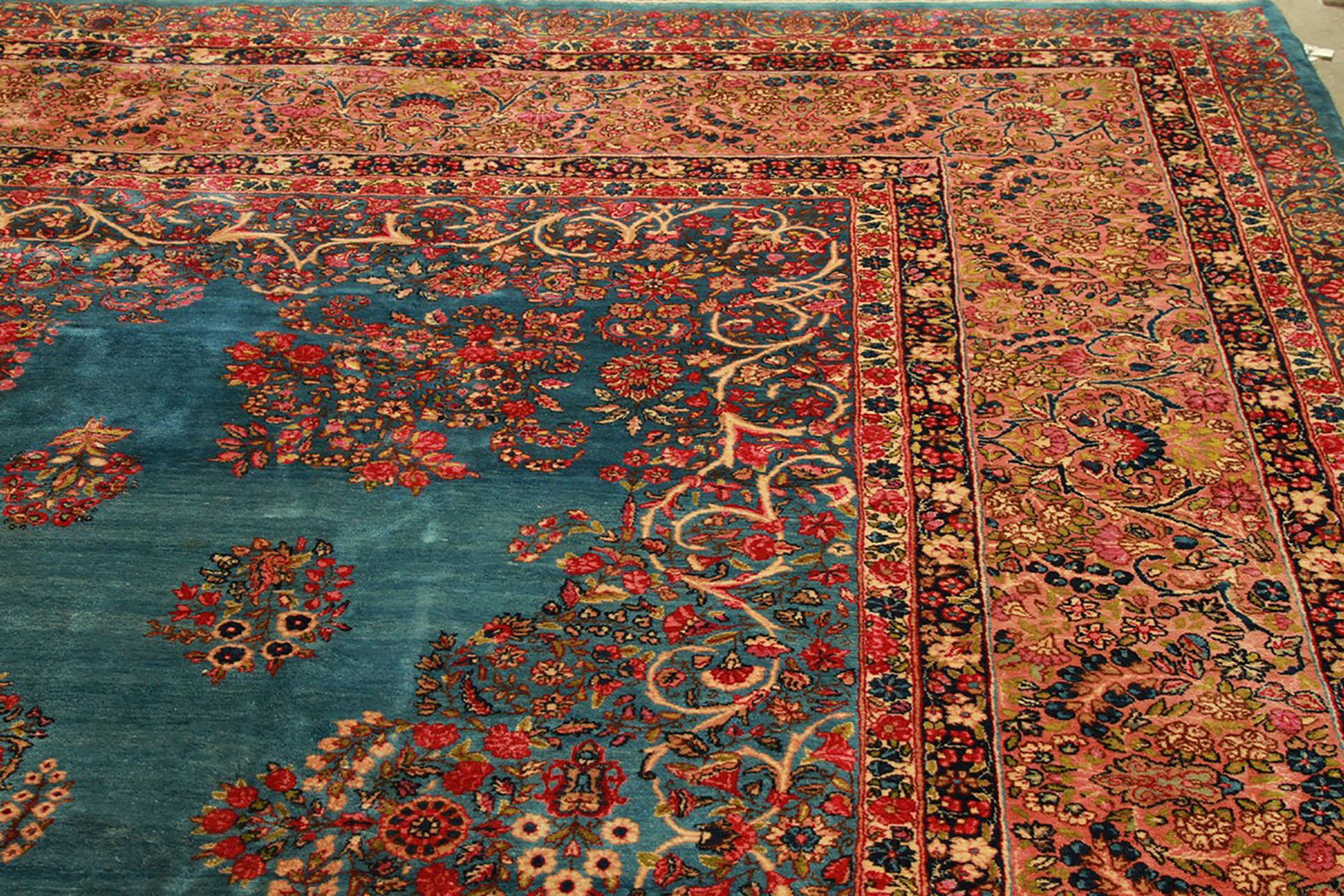 Persian Hand Knotted Antique Kerman Rug in Blue and Pink Floral Pattern by Rug & Kilim