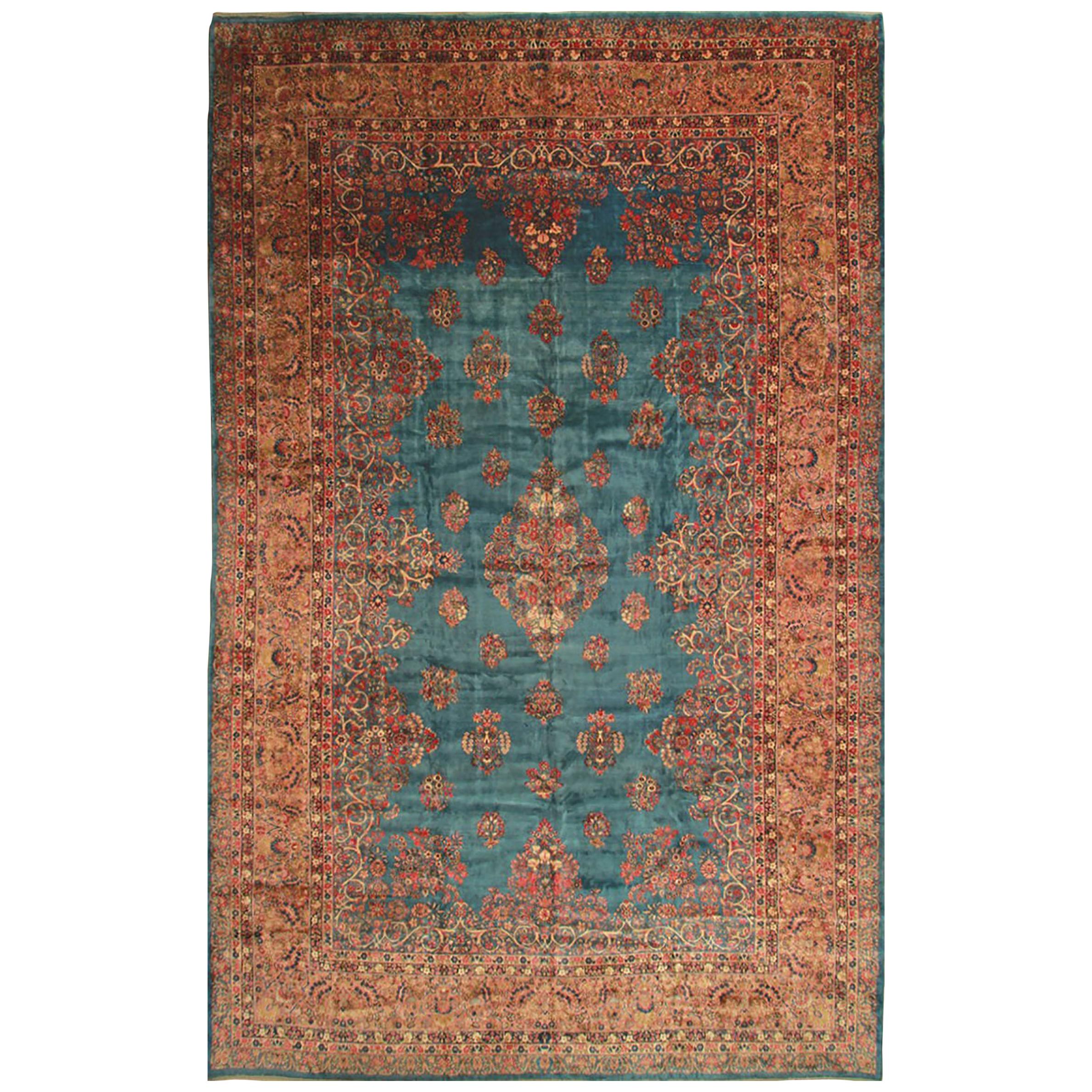 Hand Knotted Antique Kerman Rug in Blue and Pink Floral Pattern by Rug & Kilim