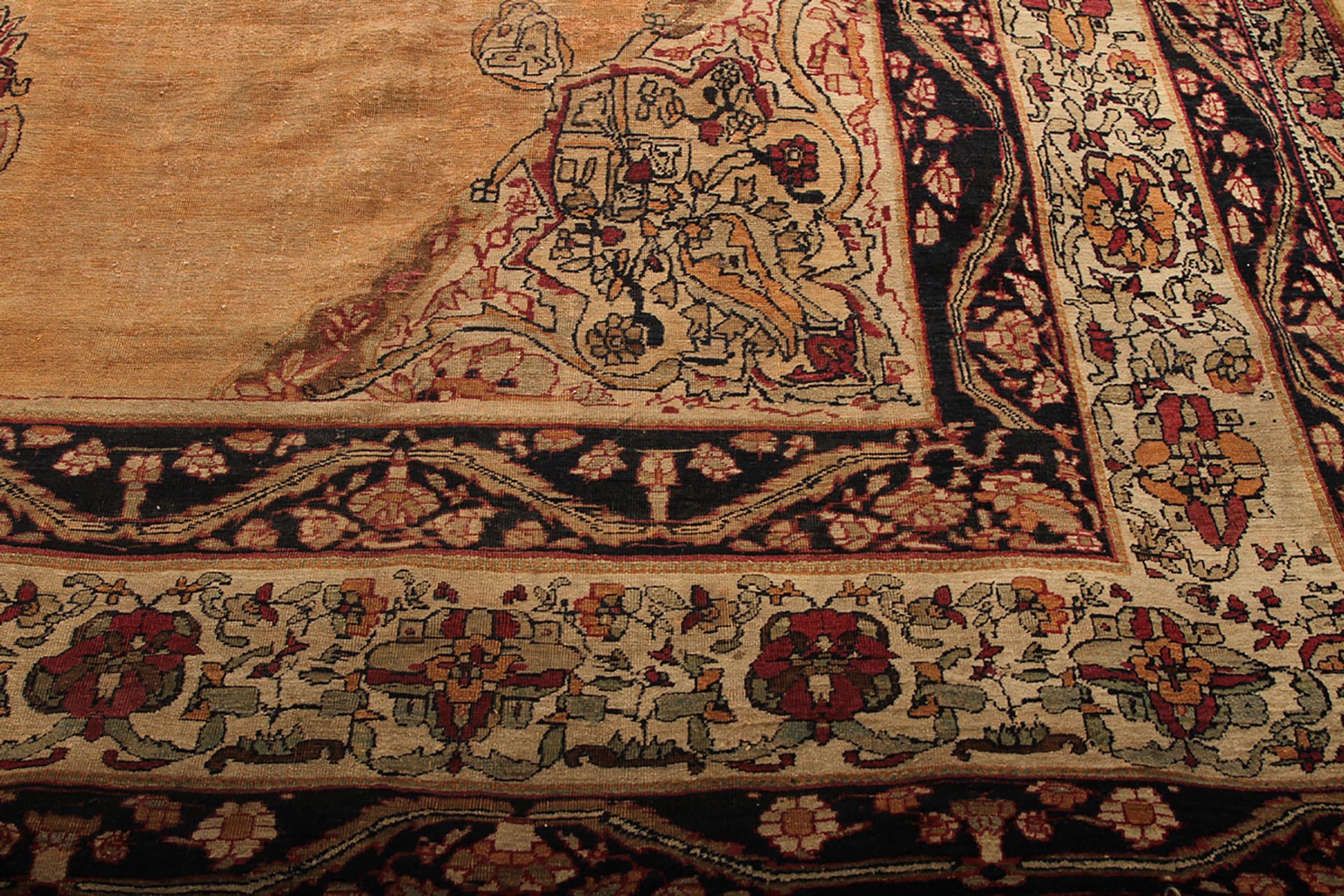Antique Kerman Persian Rug in Golden Brown Medallion Pattern In Good Condition For Sale In Long Island City, NY