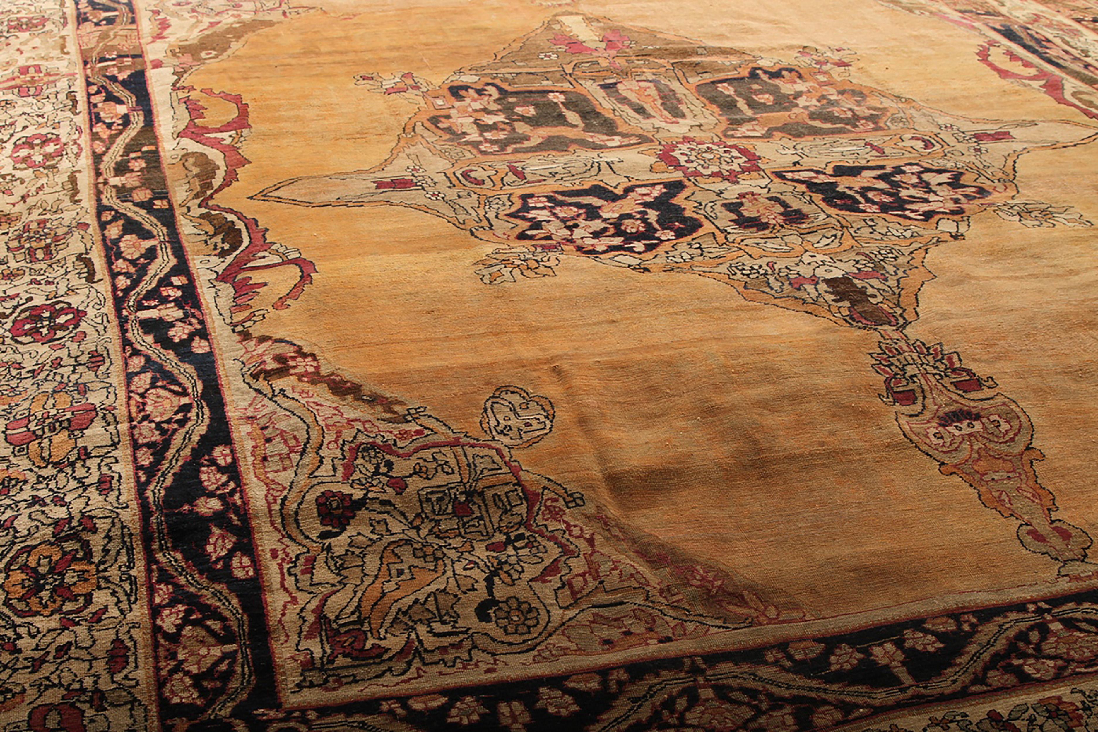 Late 19th Century Antique Kerman Persian Rug in Golden Brown Medallion Pattern For Sale