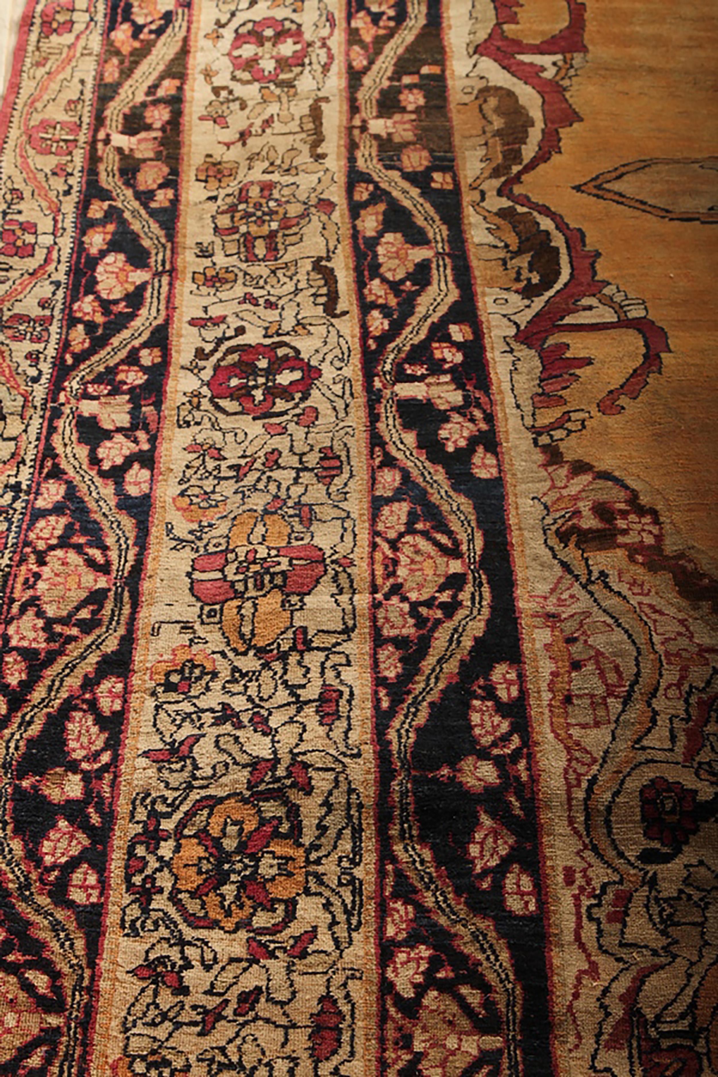 Wool Antique Kerman Persian Rug in Golden Brown Medallion Pattern For Sale