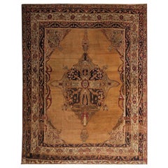 Antique Kerman Persian Rug in Golden Brown Medallion Pattern