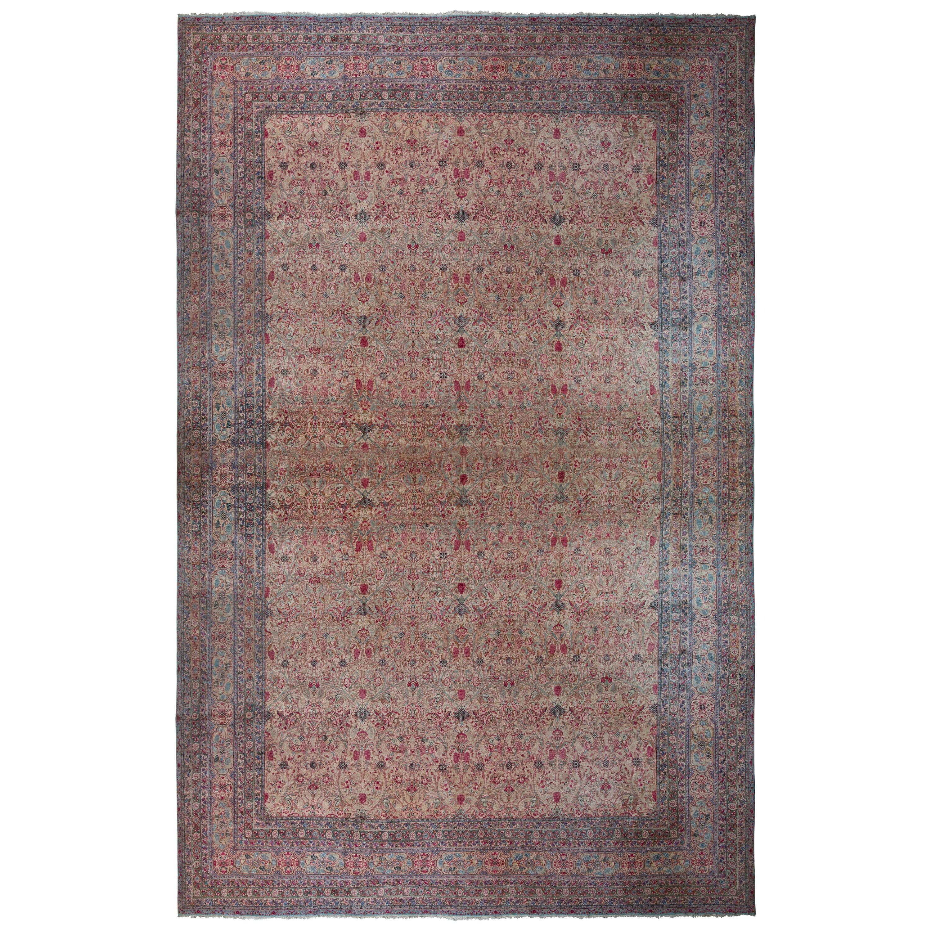 Hand-Knotted Antique Kerman Rug in Beige Persian Floral Pattern