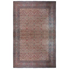 Hand-Knotted Antique Kerman Rug in Beige Persian Floral Pattern