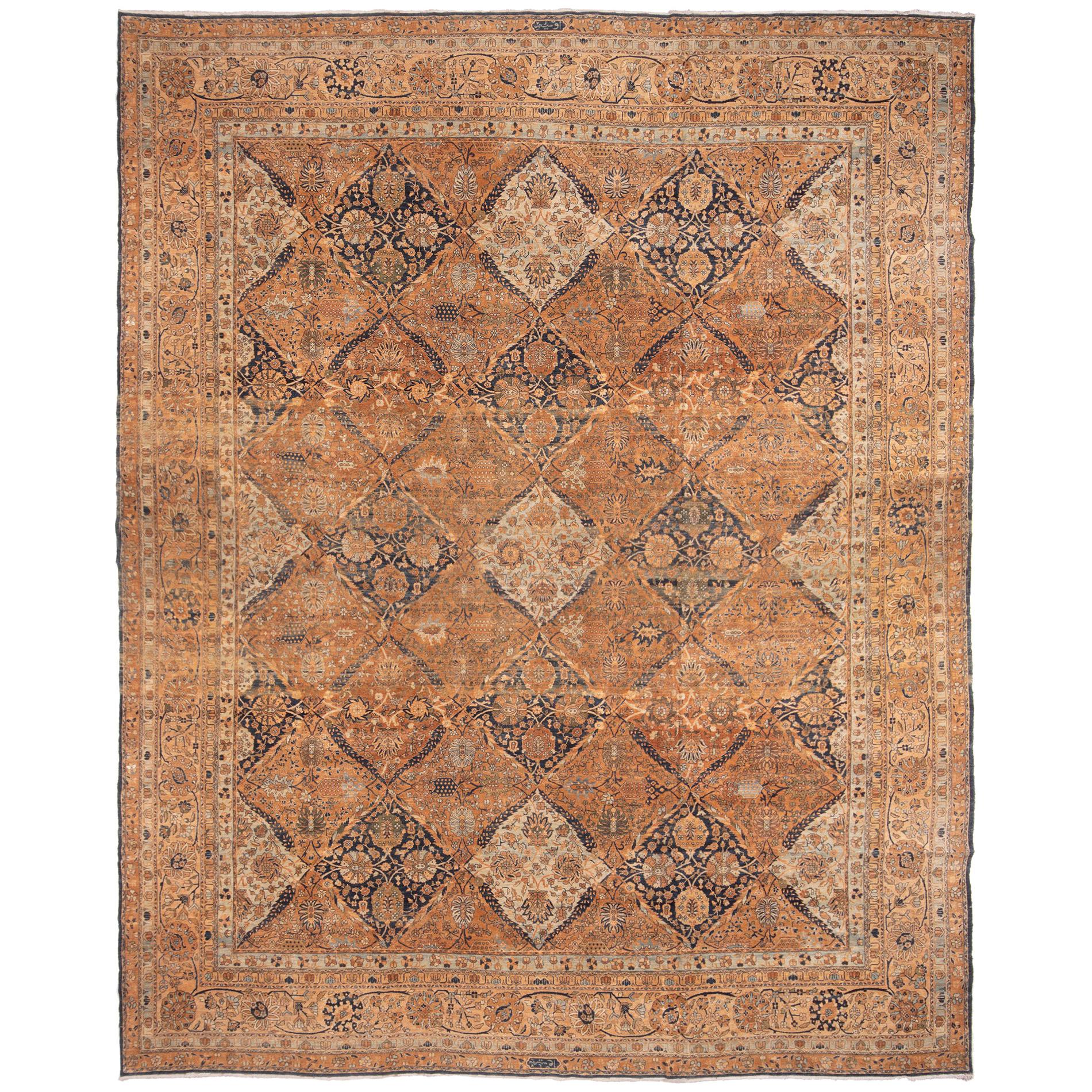 HandKnotted Antique Kerman Persian Rug Blue Brown Floral Pattern by