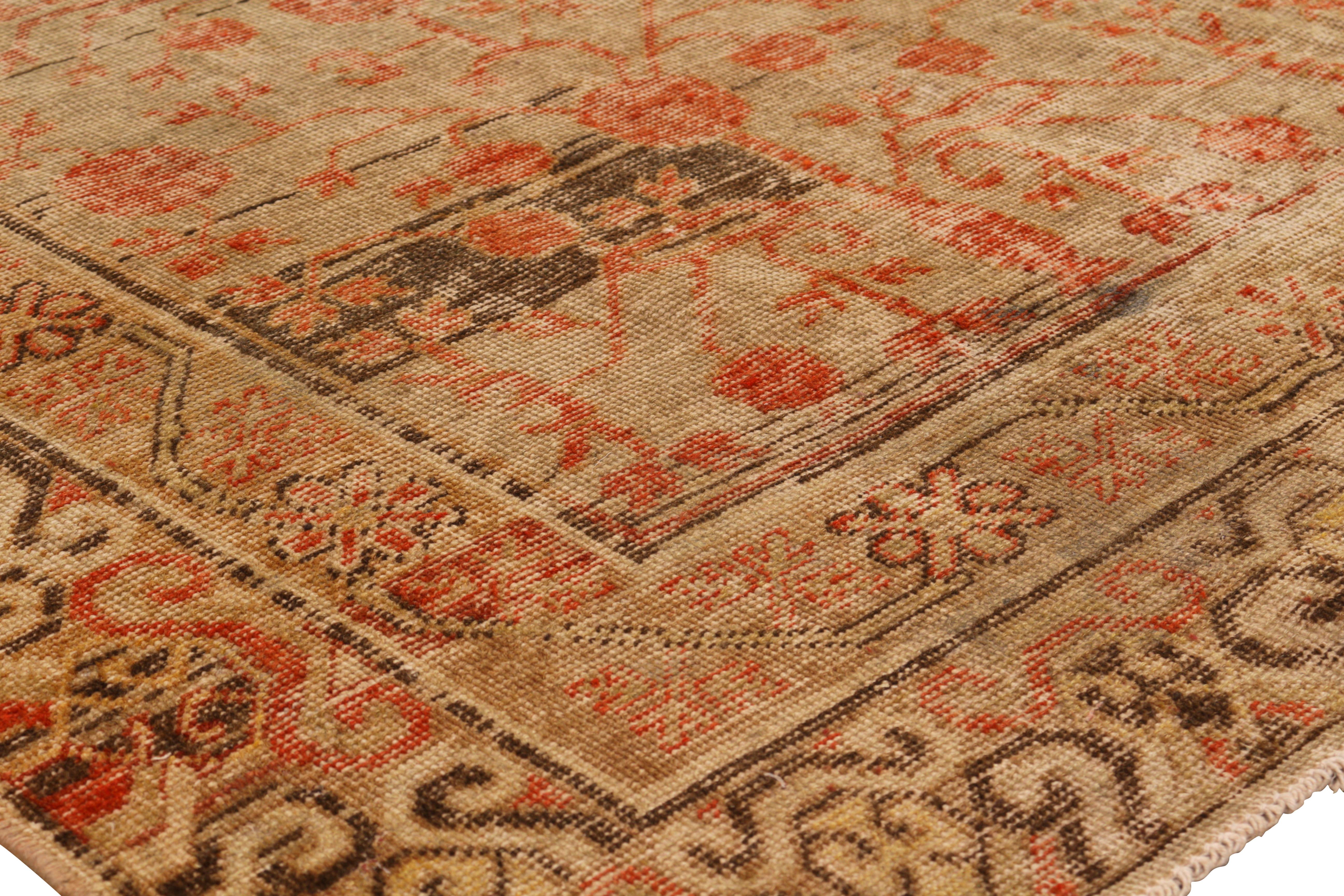Hand-Knotted Hand Knotted Antique Khotan Rug Beige Brown with Red Pomegranate Pattern