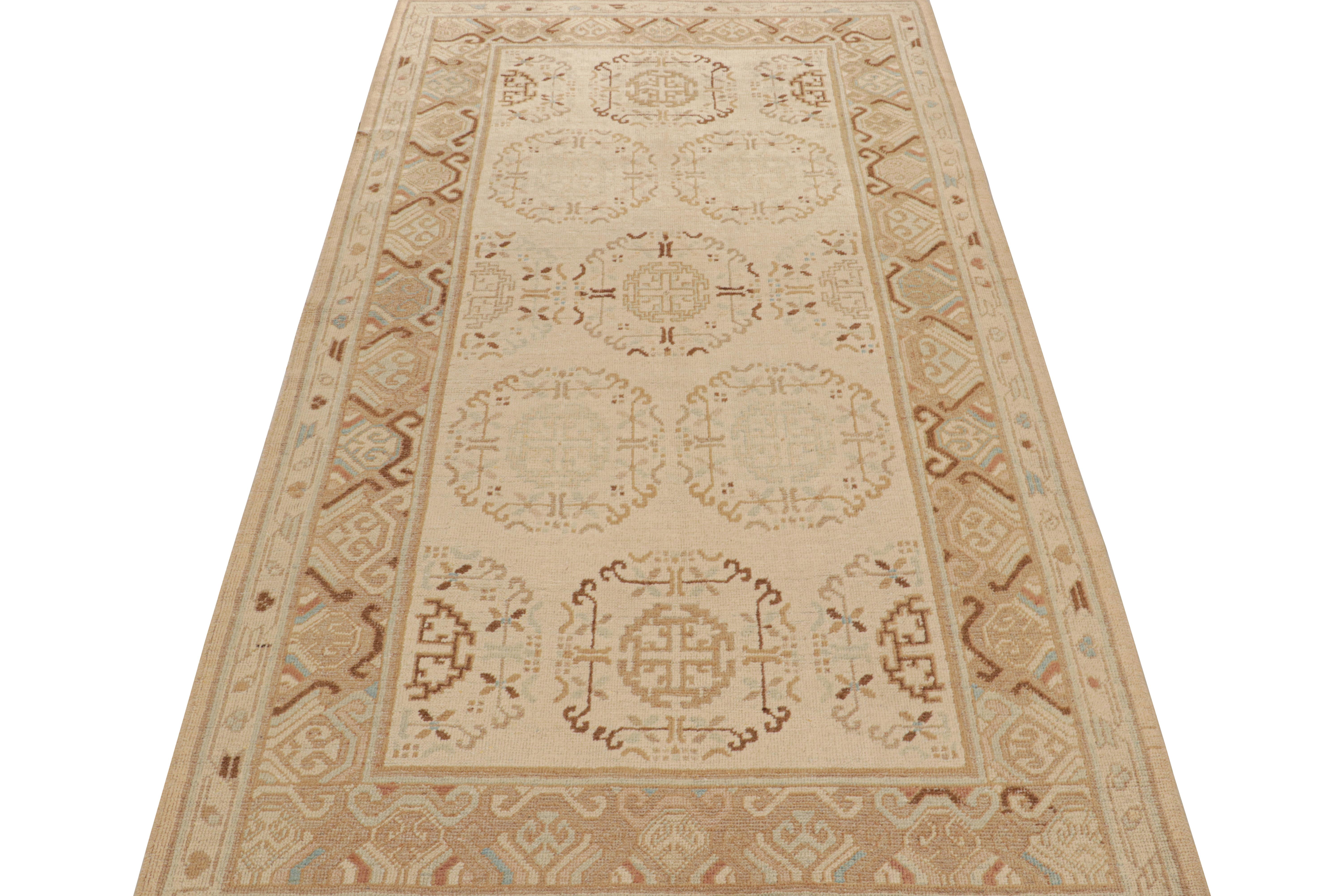 East Turkestani Hand-Knotted Antique Khotan Rug in Beige-Brown Medallion Pattern