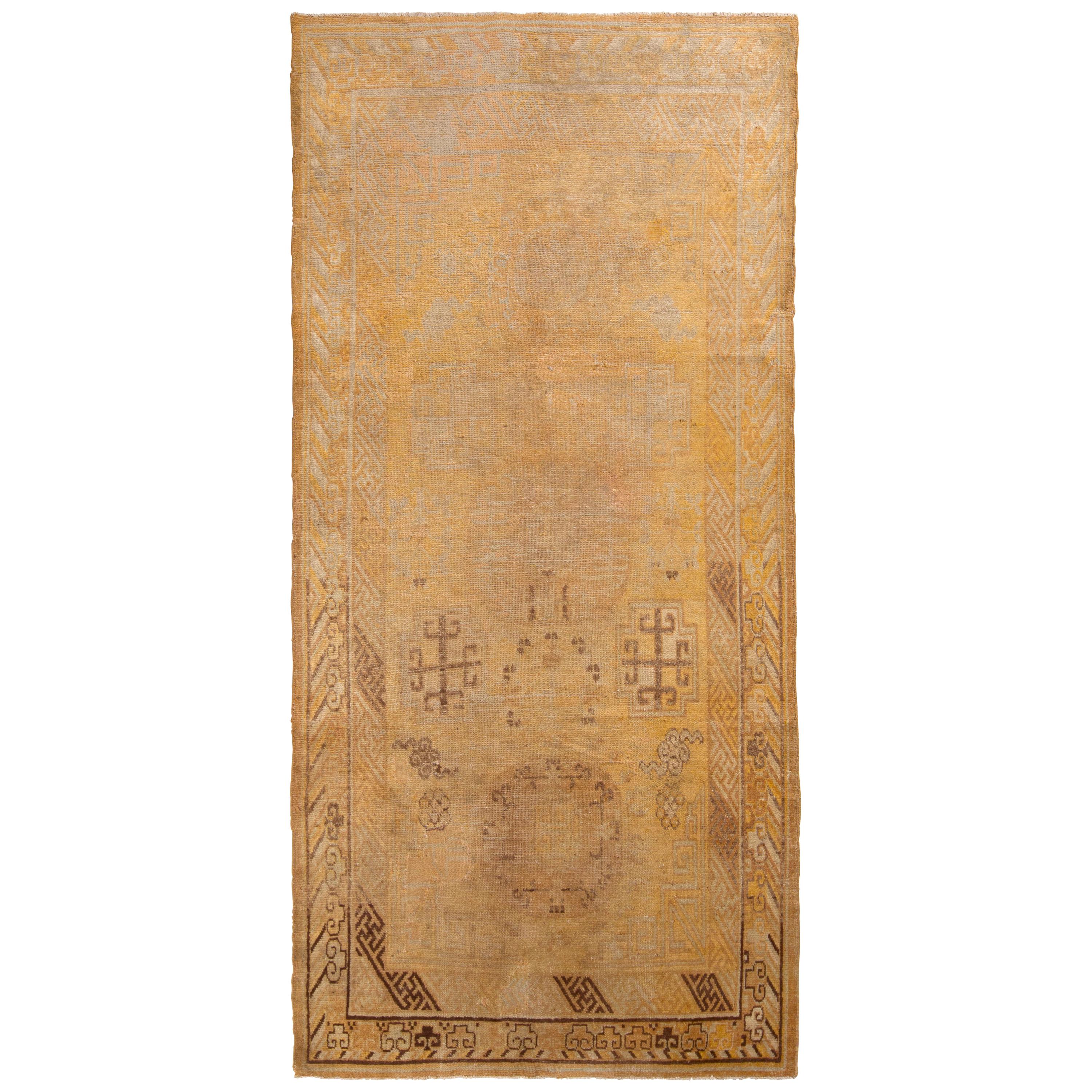 Hand-Knotted Antique Khotan Rug in Gold & Beige Medallion Pattern by Rug & Kilim For Sale