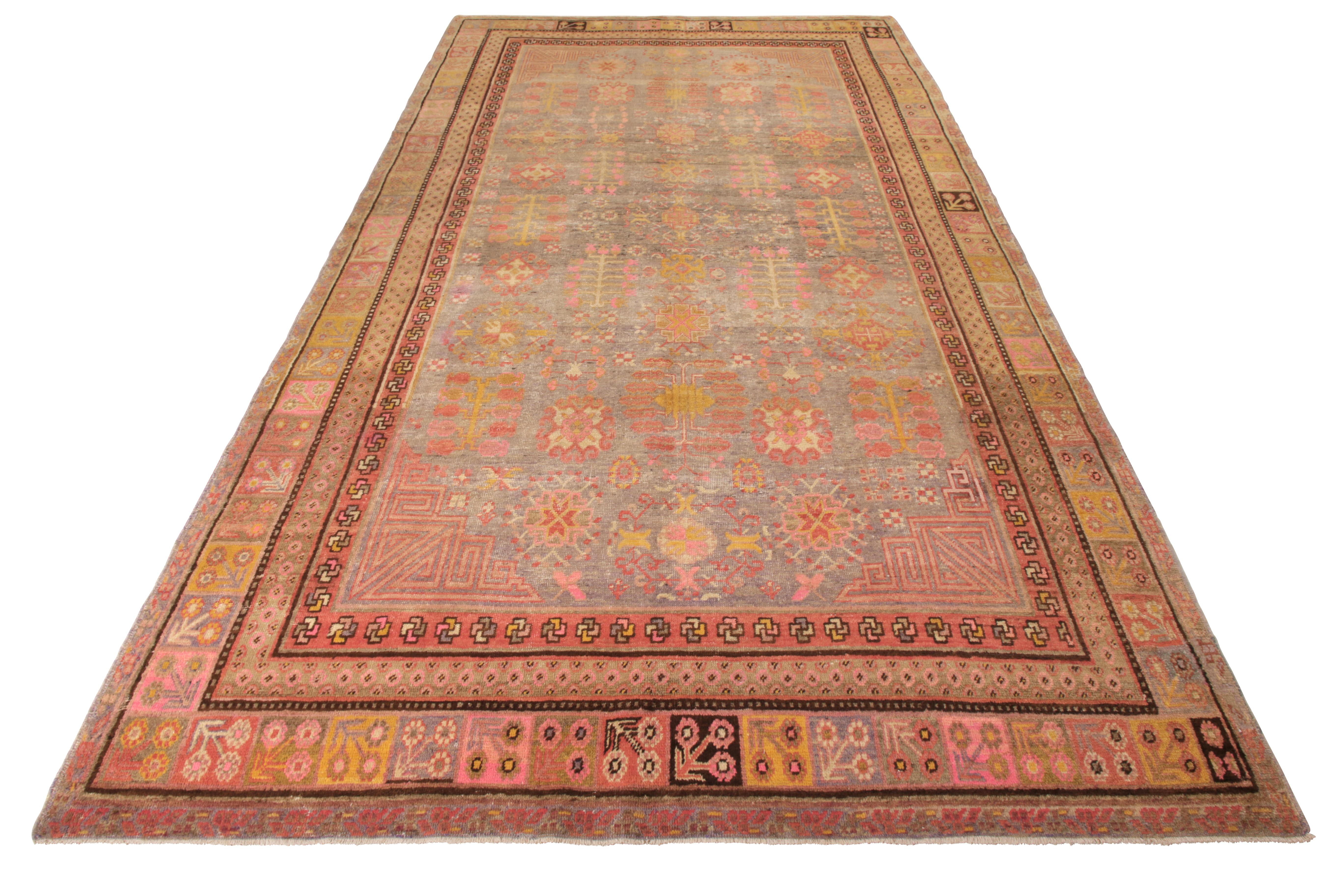 East Turkestani Hand-Knotted Antique Khotan Rug in Gray-Blue with Floral Patterns by Rug & Kilim For Sale