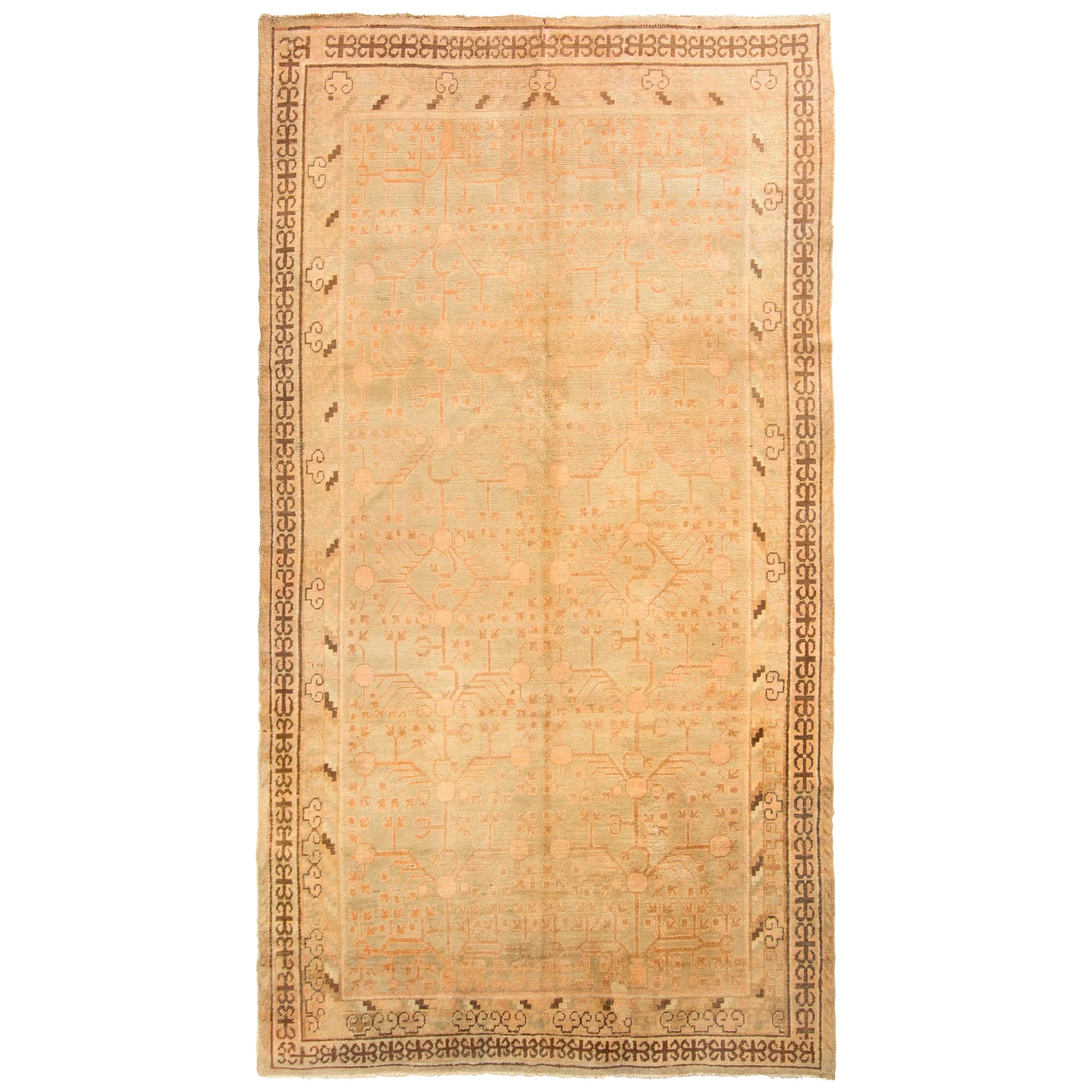 HandKnotted Antique Khotan Rug in Green and Orange Floral Pattern by