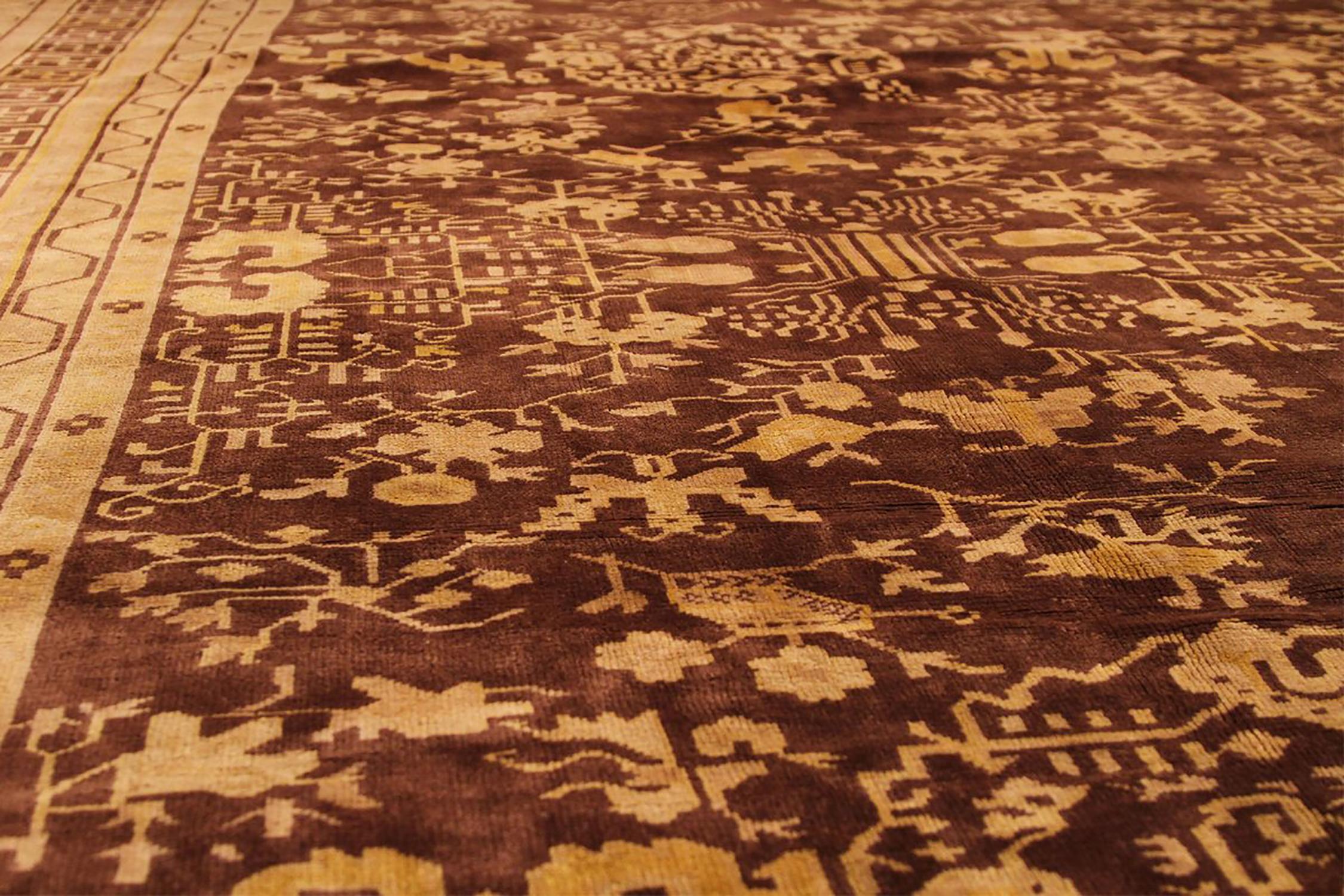 East Turkestani HandKnotted Antique Khotan Rug in Beige-Brown Geometric Pattern from Rug & Kilim