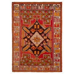 Hand Knotted Antique Kirsehir Rug in Red Medallion Tribal Pattern by Rug & Kilim