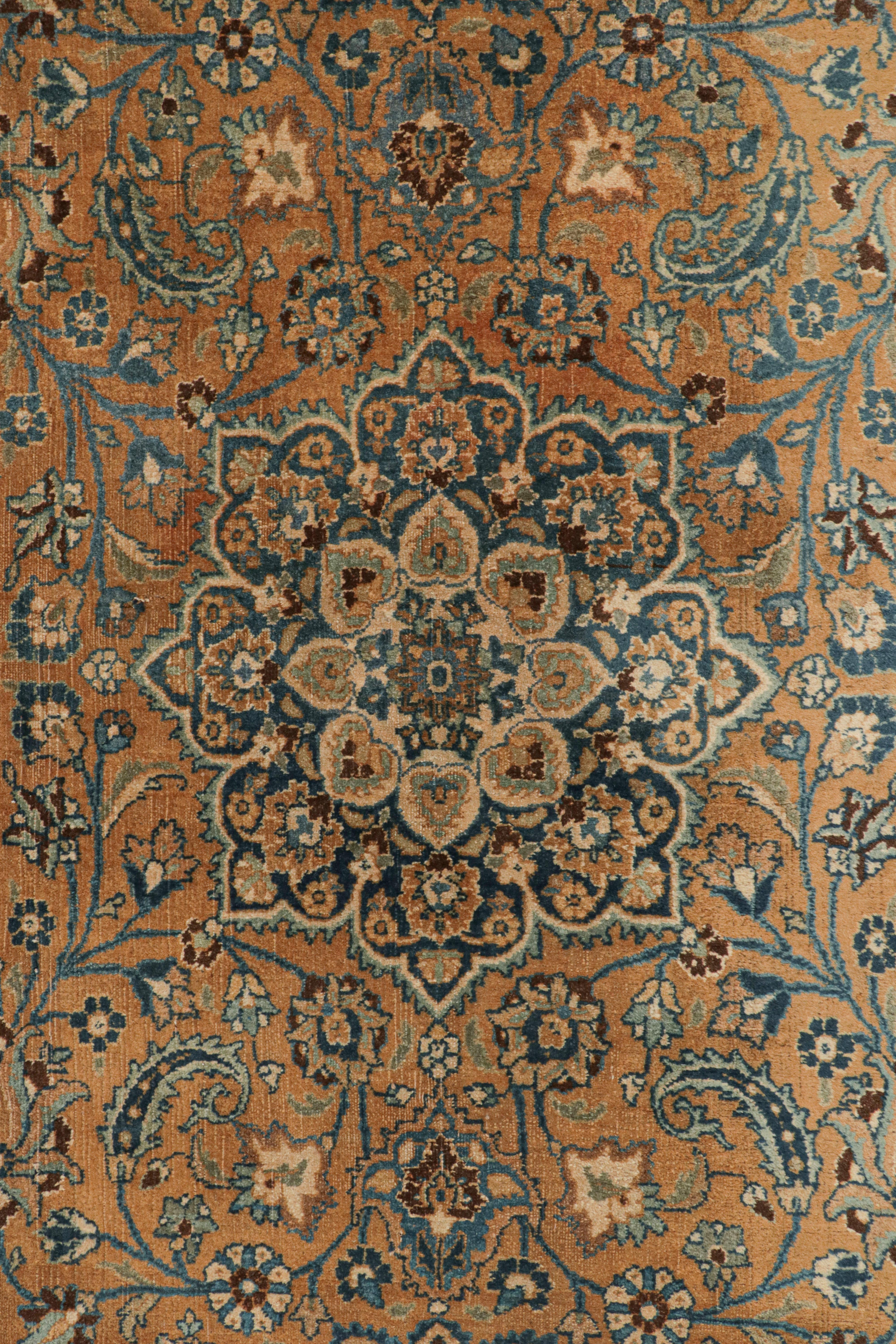 Islamic Hand Knotted Antique Mashad Rug in Brown and Blue Floral Pattern by Rug & Kilim For Sale