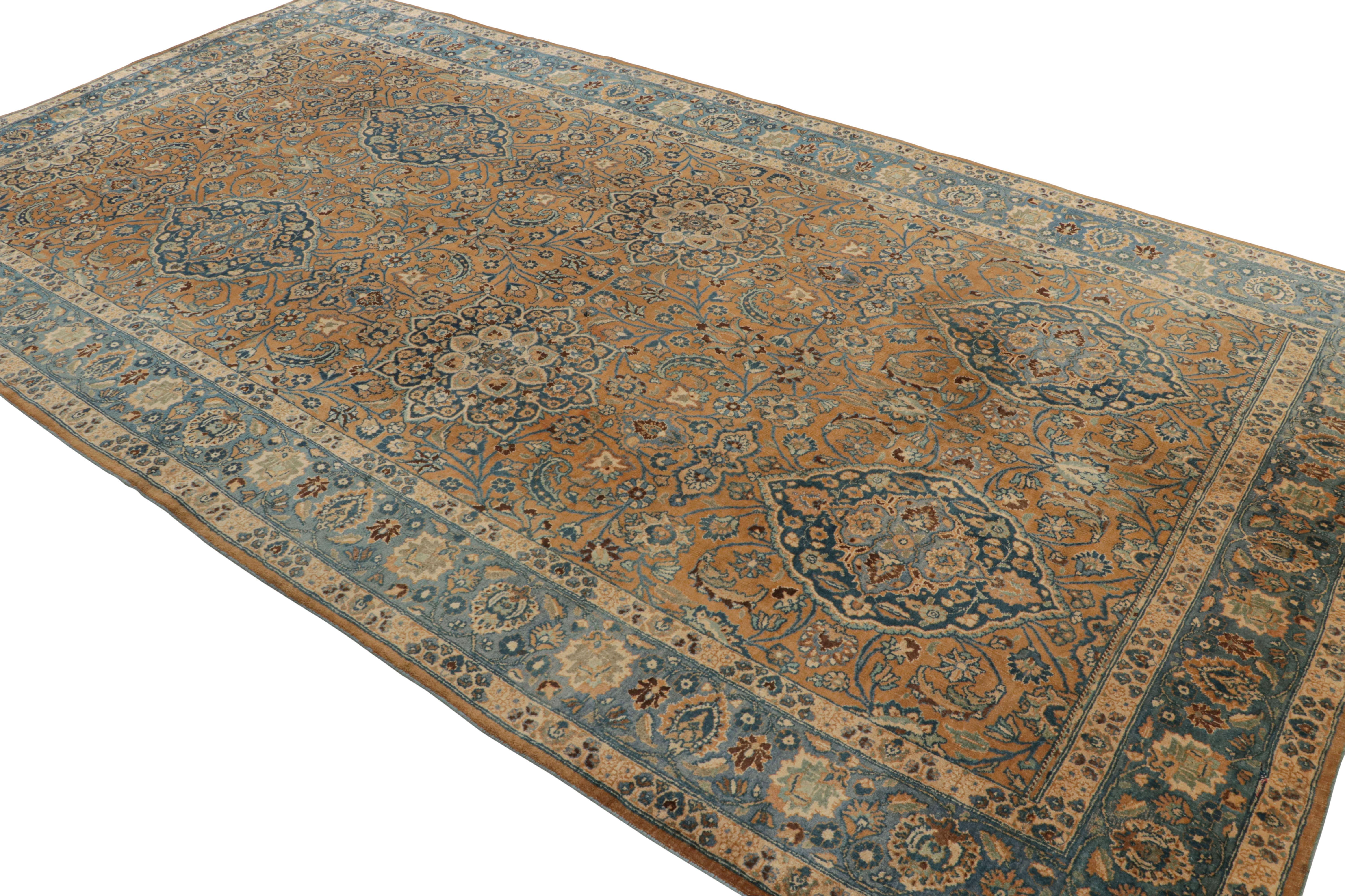 Persian Hand Knotted Antique Mashad Rug in Brown and Blue Floral Pattern by Rug & Kilim For Sale