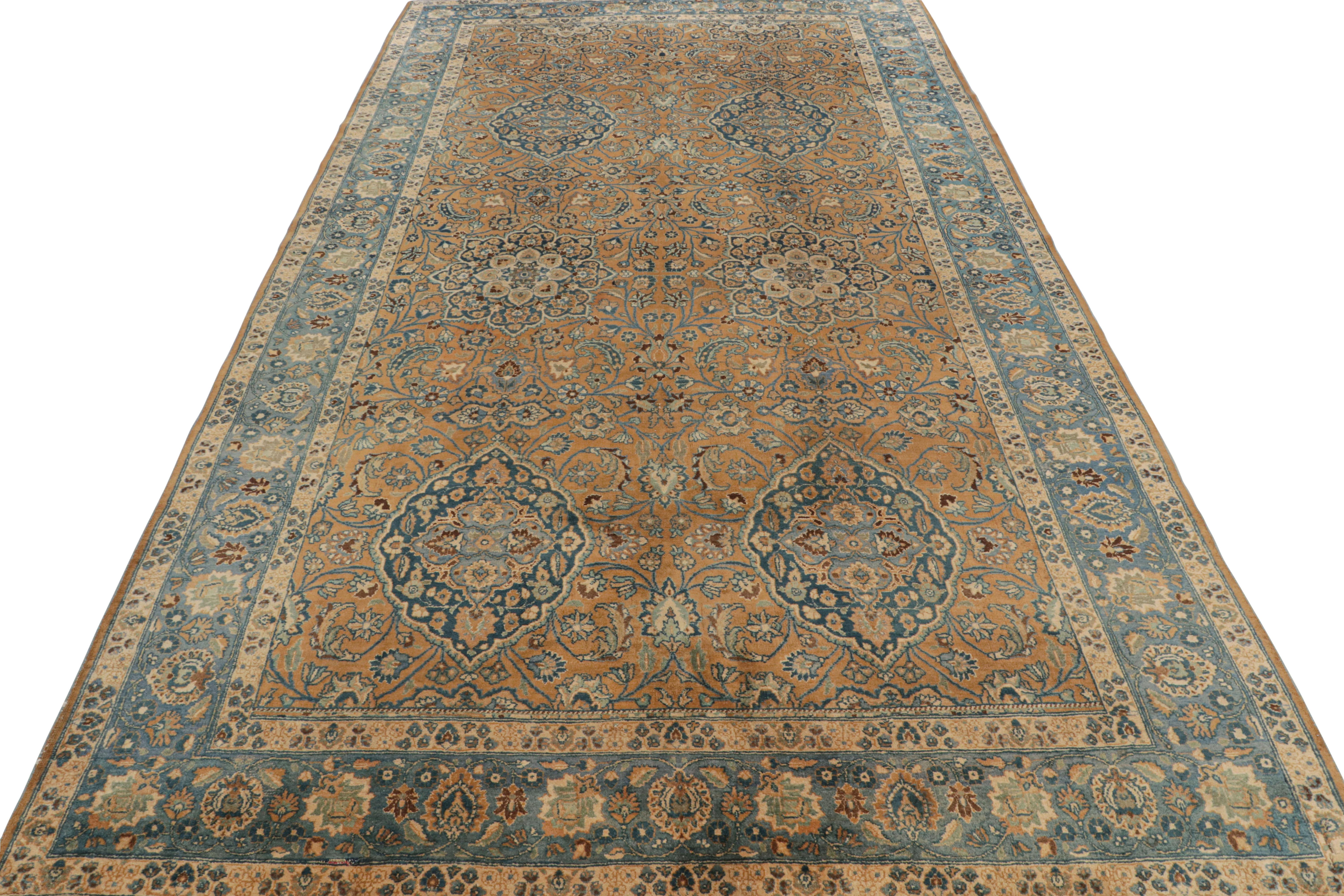 Hand-Knotted Hand Knotted Antique Mashad Rug in Brown and Blue Floral Pattern by Rug & Kilim For Sale