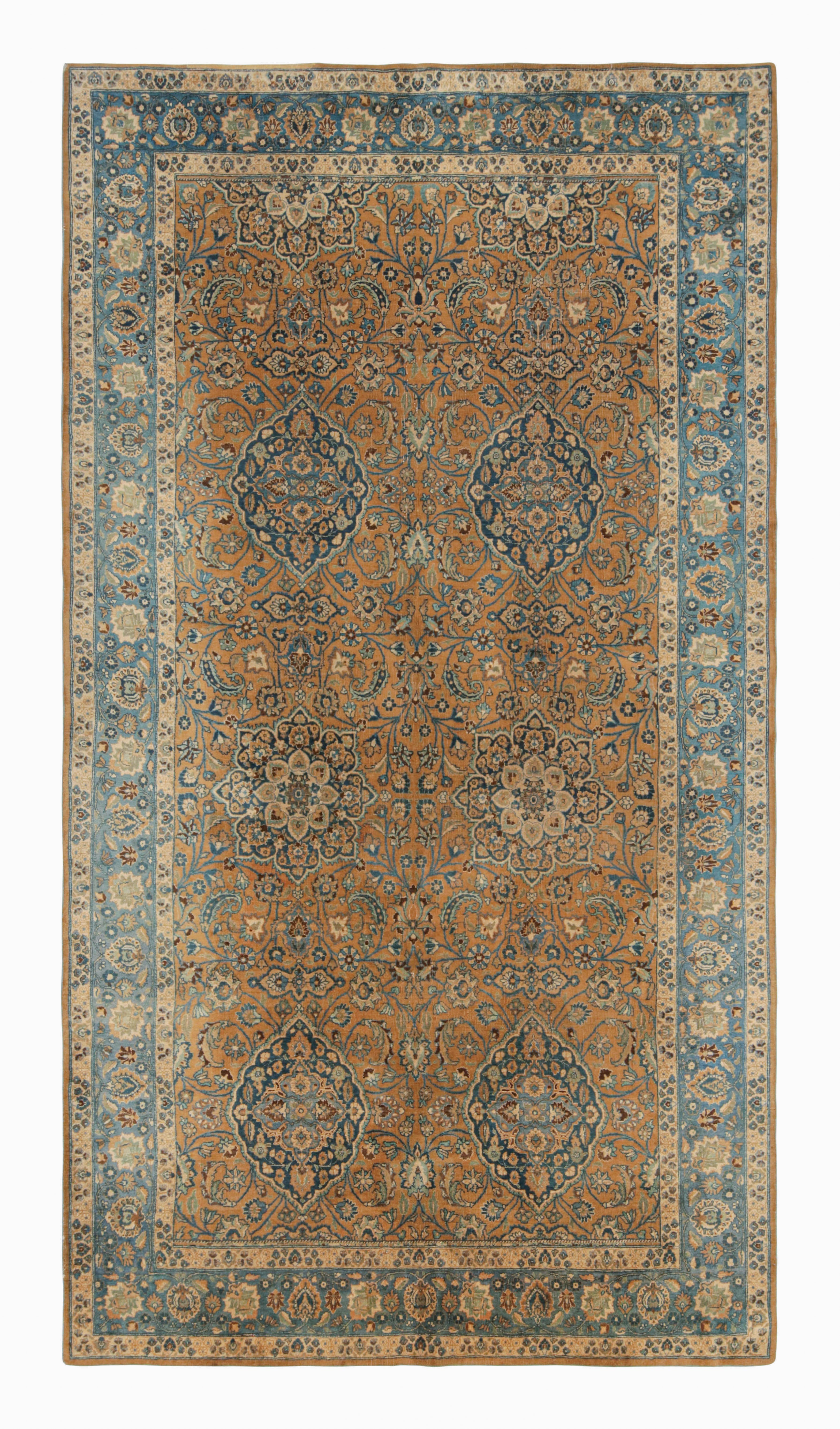Hand Knotted Antique Mashad Rug in Brown and Blue Floral Pattern by Rug & Kilim For Sale