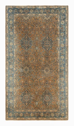 Handgeknüpfter antiker Mashad-Teppich in Braun und Blau mit Blumenmuster von Teppich & Kelim