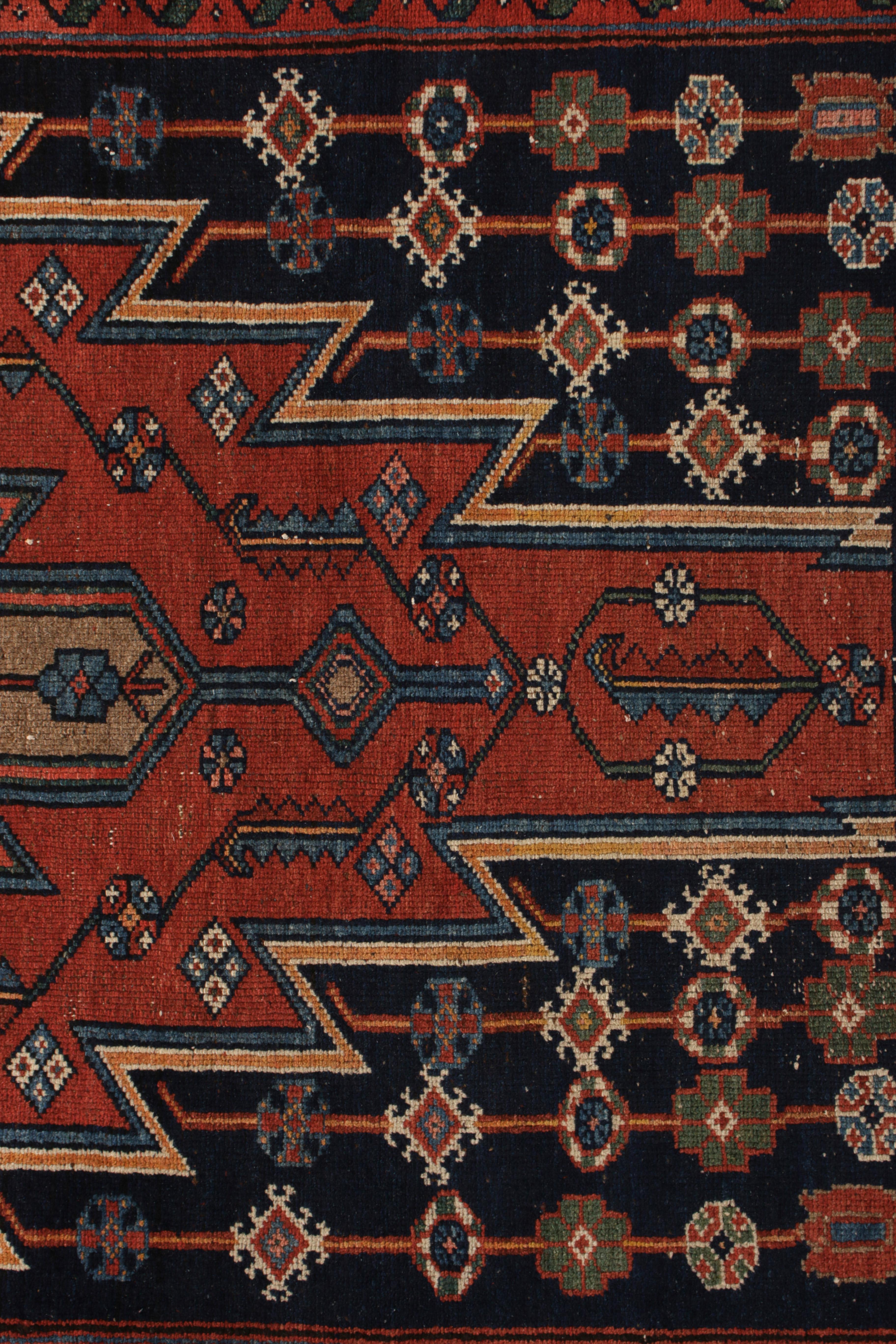 Hand-Knotted Hand Knotted Antique Persian Rug in Red Blue Medallion Pattern by Rug & Kilim