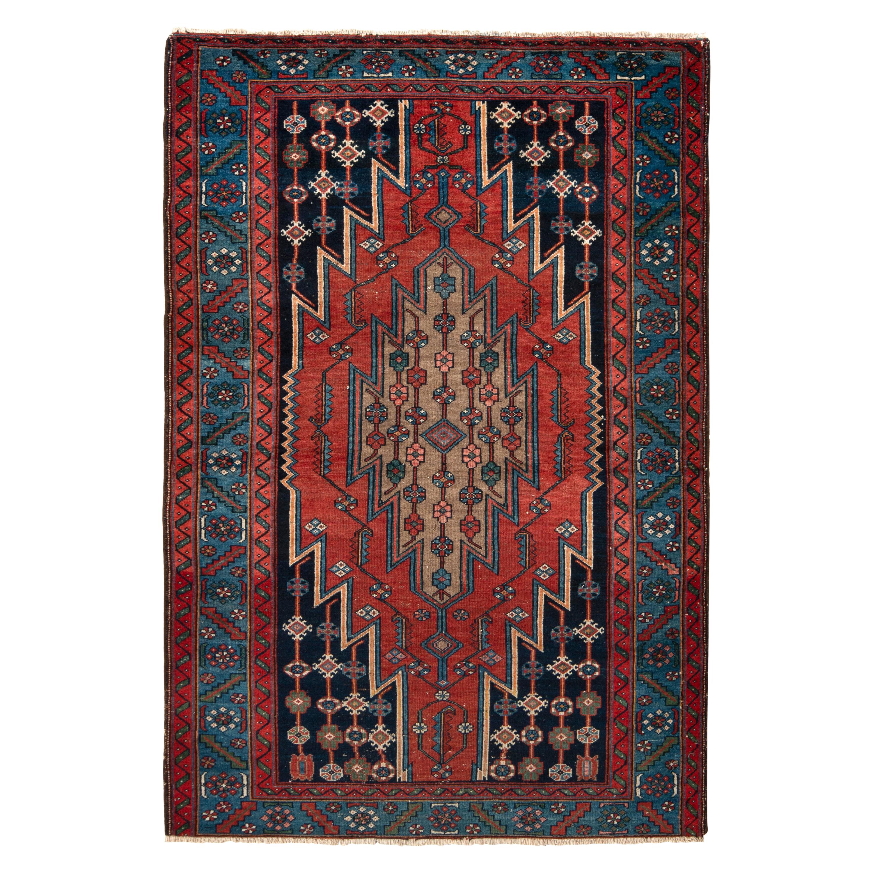 Hand Knotted Antique Persian Rug in Red Blue Medallion Pattern by Rug & Kilim