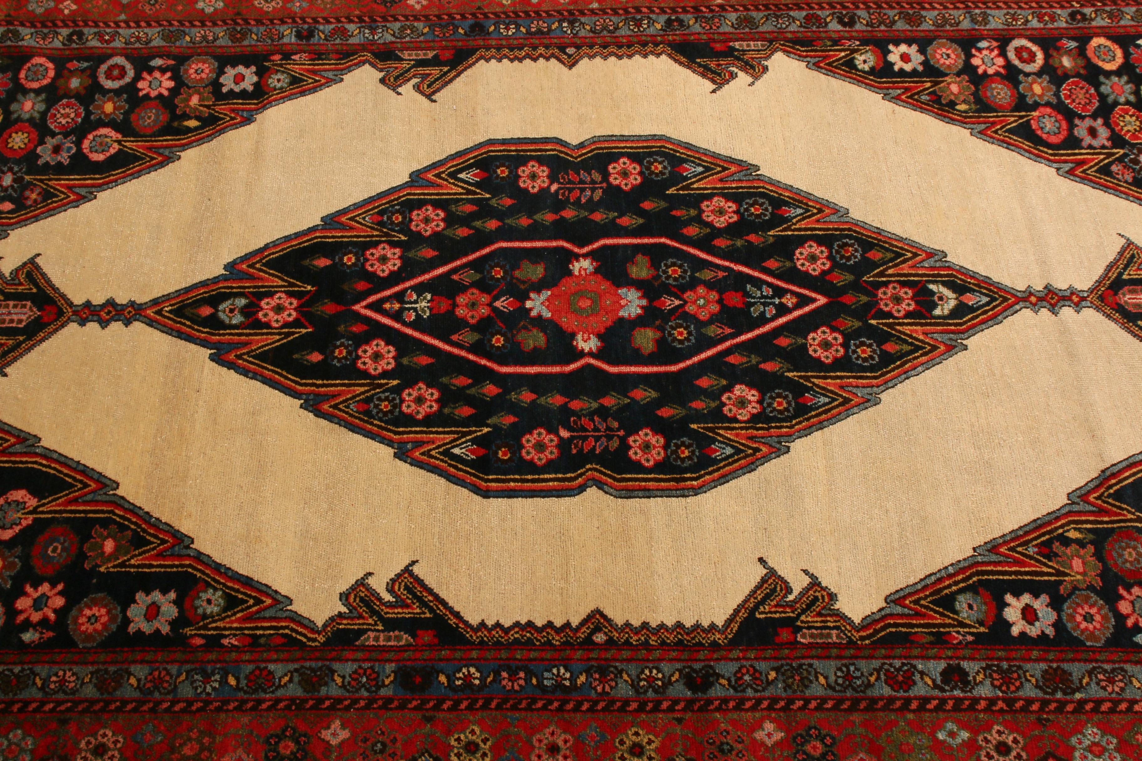 Hand-Knotted Antique Mazlaghan Persian Rug in Red Blue and Beige Medallion Style In Good Condition For Sale In Long Island City, NY