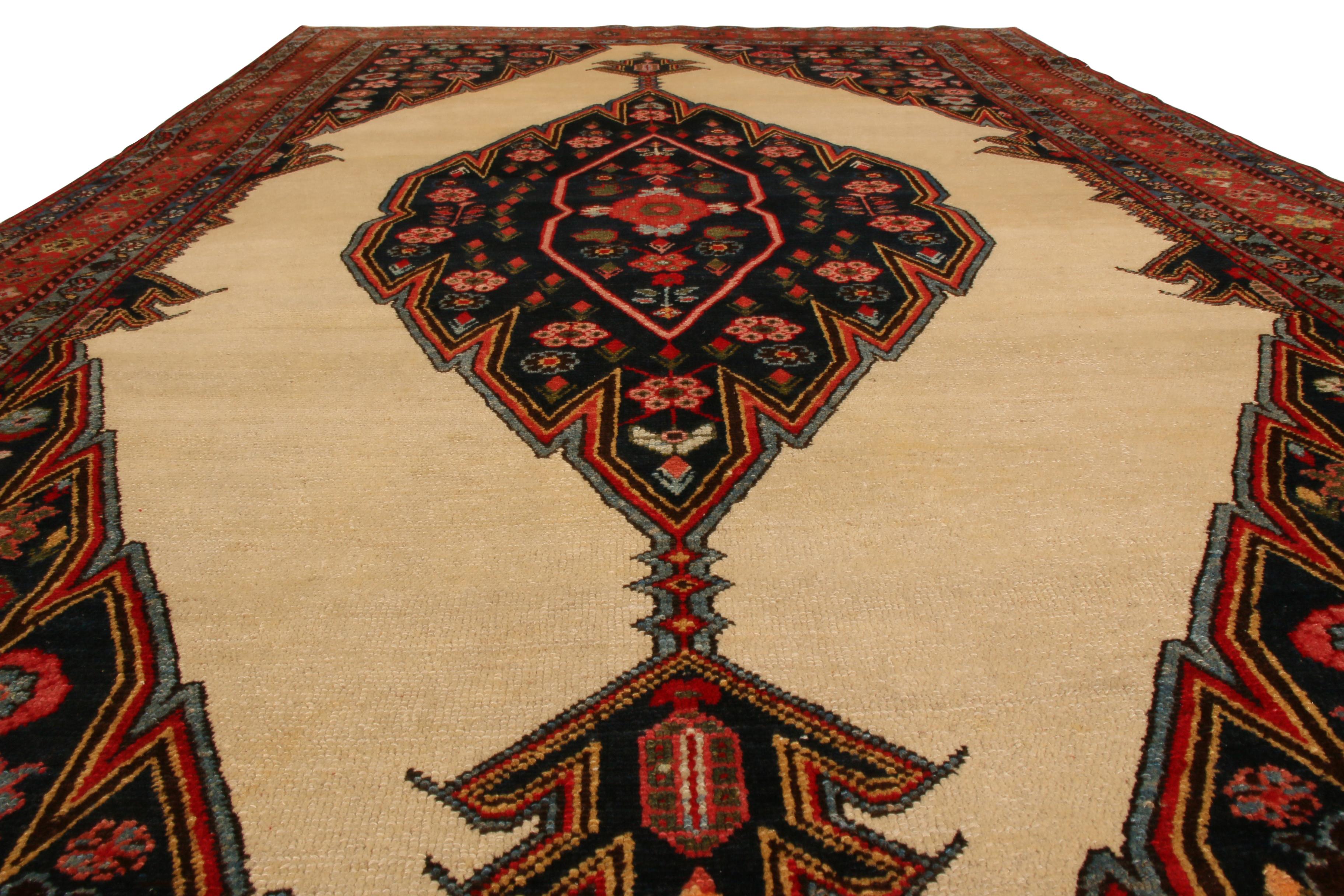 Wool Hand-Knotted Antique Mazlaghan Persian Rug in Red Blue and Beige Medallion Style For Sale