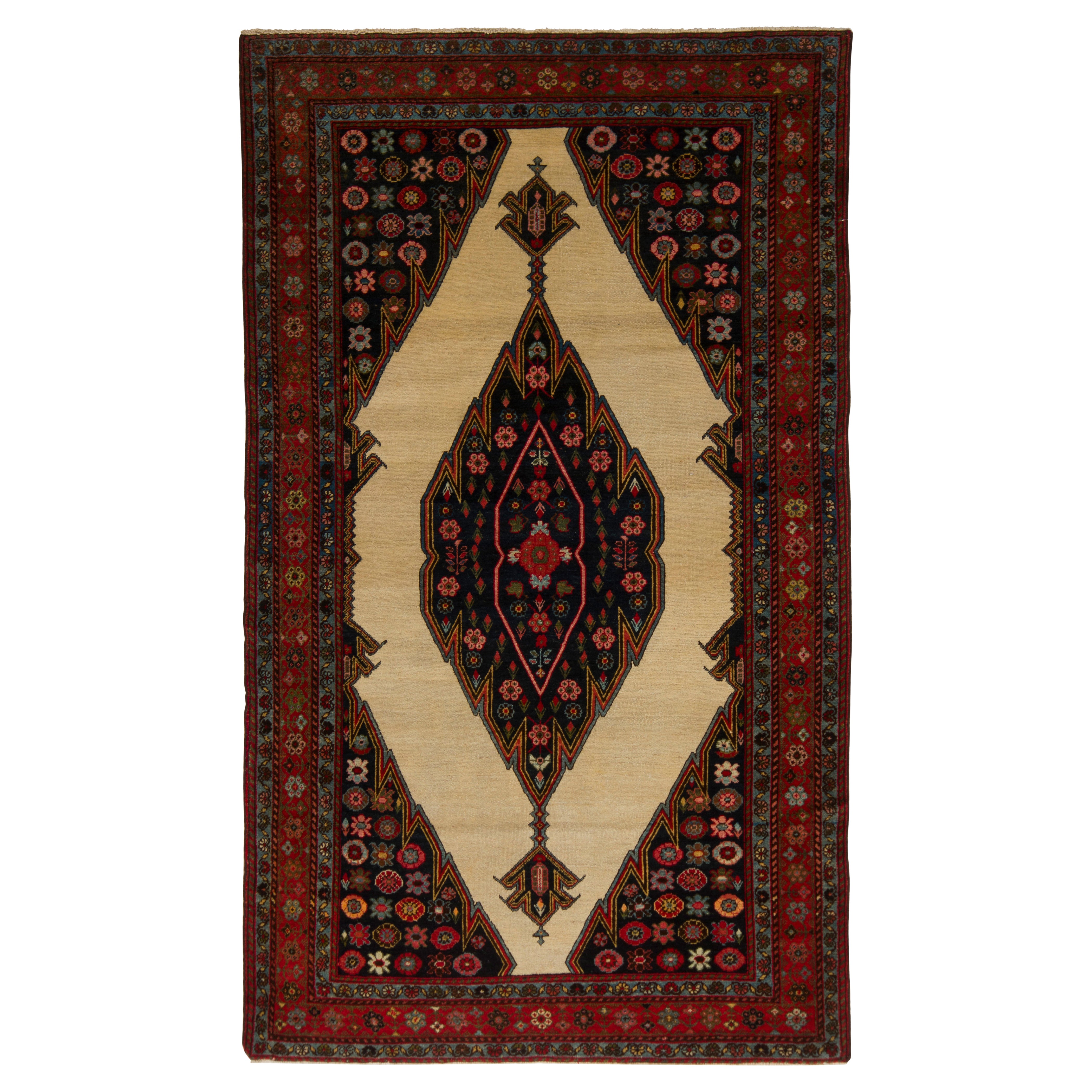 Tapis persan Mazlaghan ancien noué à la main en forme de médaillon rouge, bleu et beige en vente
