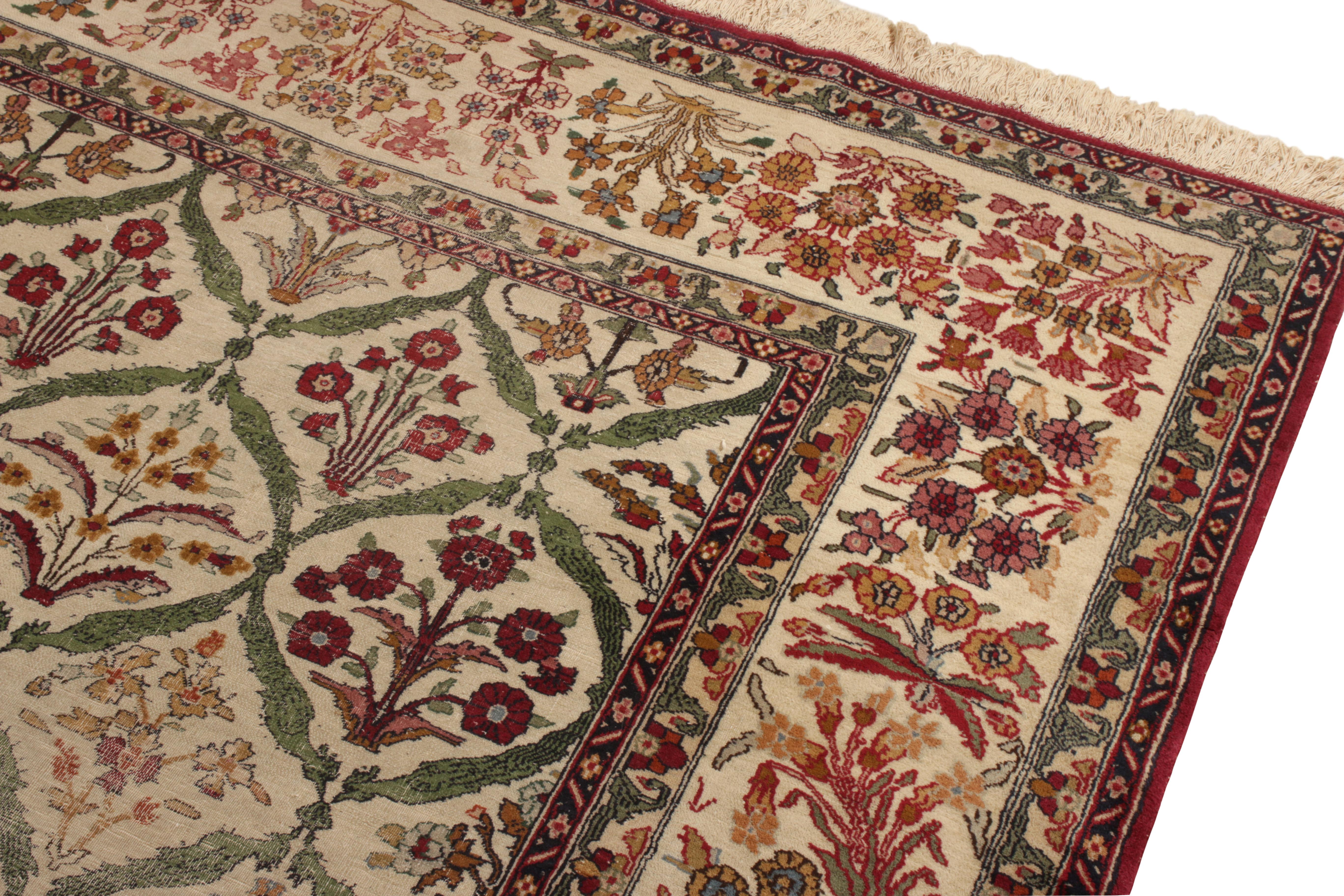 Turkish Hand-Knotted Antique Mogul Rug in Beige, Green Floral Pattern by Rug & Kilim For Sale