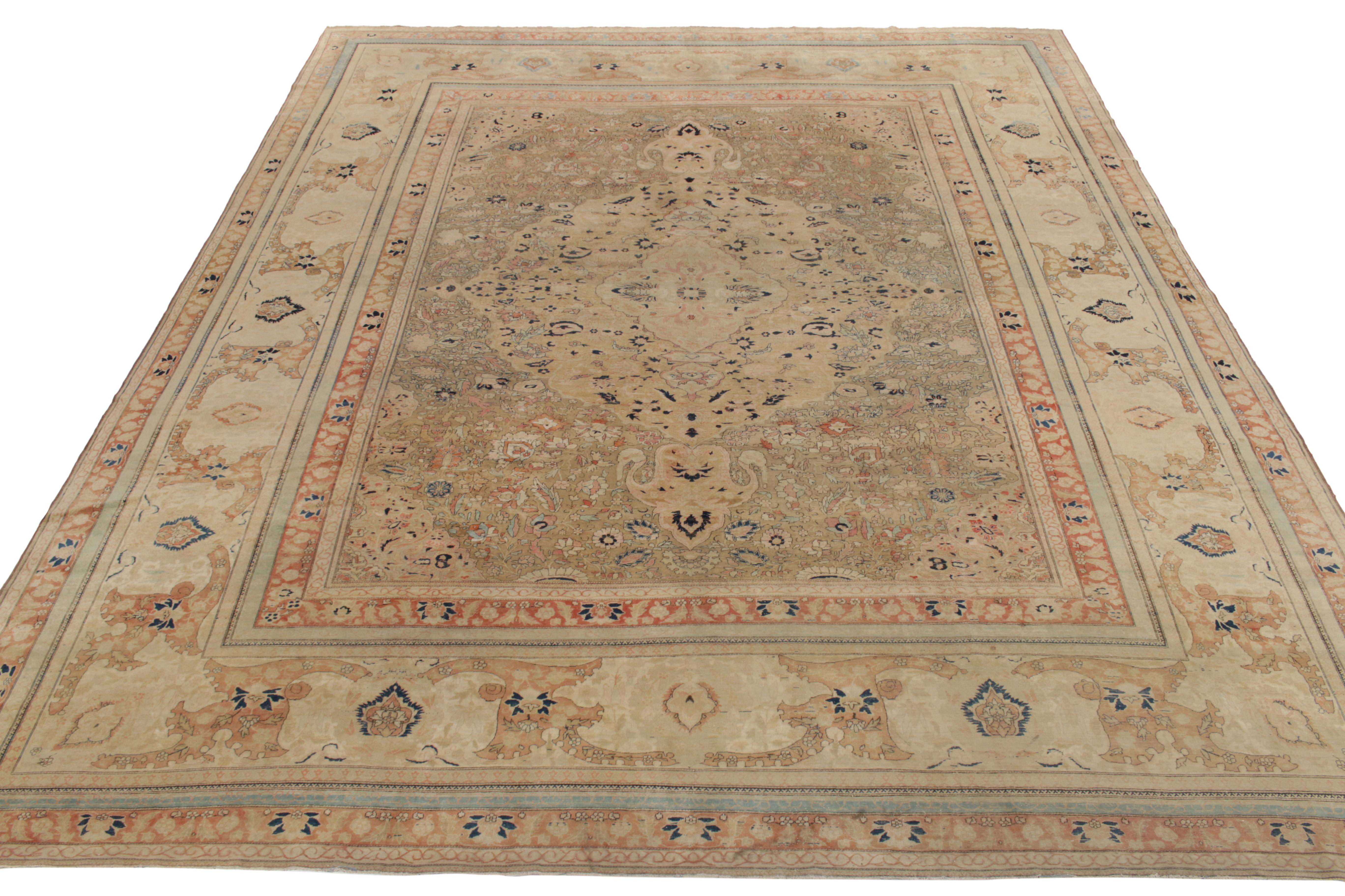 Hand-knotted in wool circa 1890,1900, one of the finest antique Mohtashem Kashan rugs ever to join our Antique & Vintage Persian rug lines. A collectible, versatile 12x15 in pristine condition, this particular transitional piece enjoys soft colors