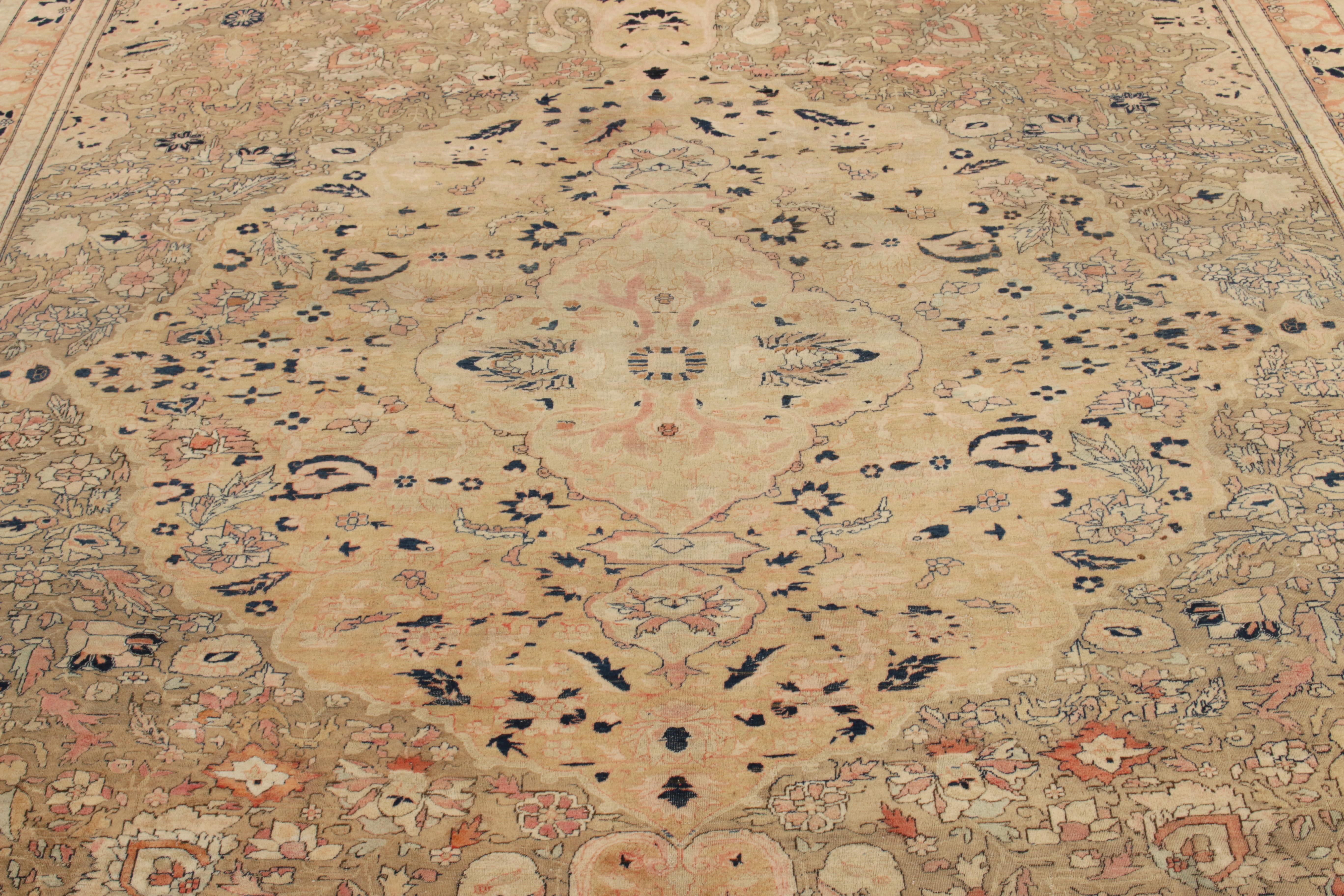 Hand-Knotted Antique Mohtashem Persian Rug in Beige-Brown, Red Medallion Pattern In Good Condition For Sale In Long Island City, NY