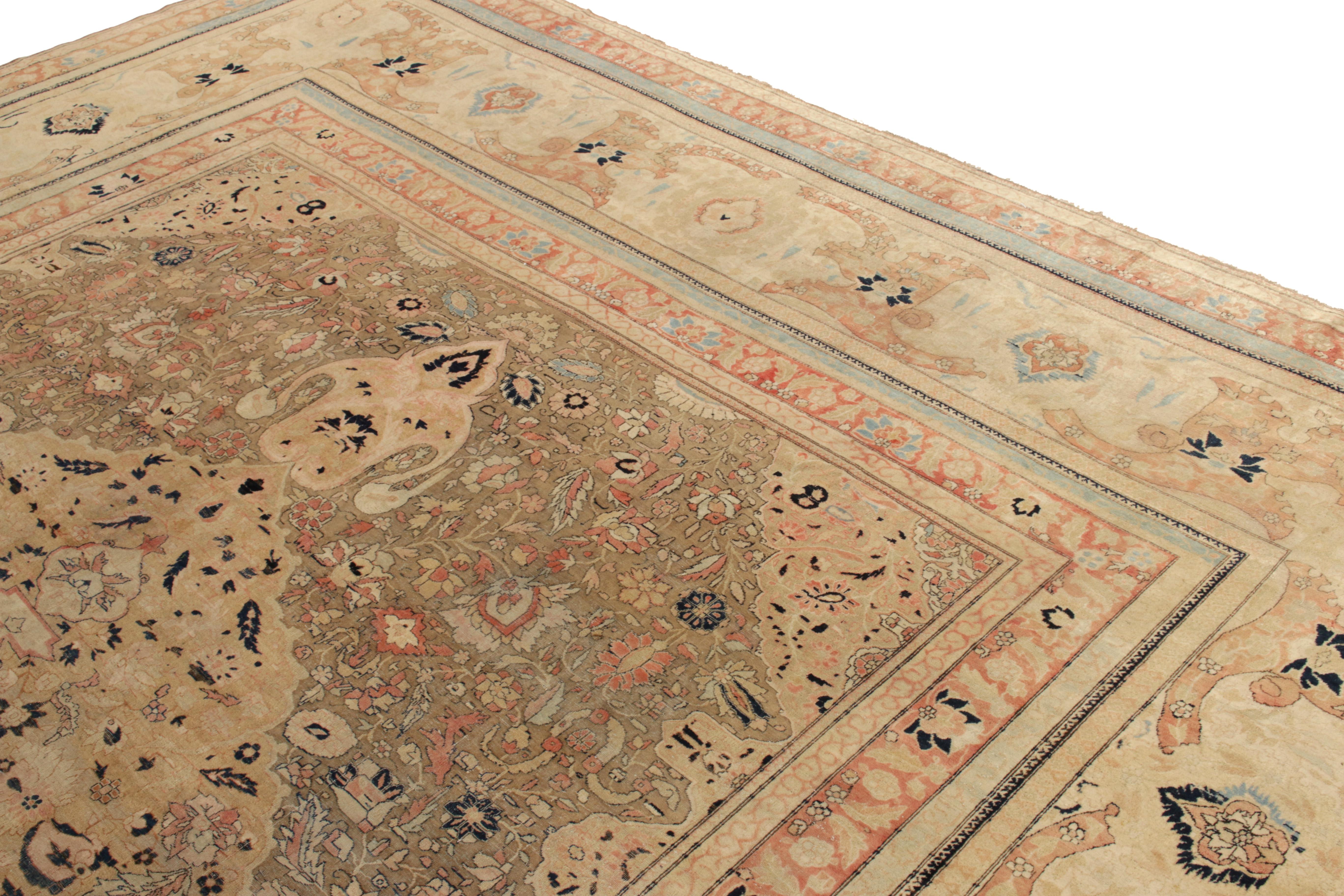 Late 19th Century Hand-Knotted Antique Mohtashem Persian Rug in Beige-Brown, Red Medallion Pattern For Sale
