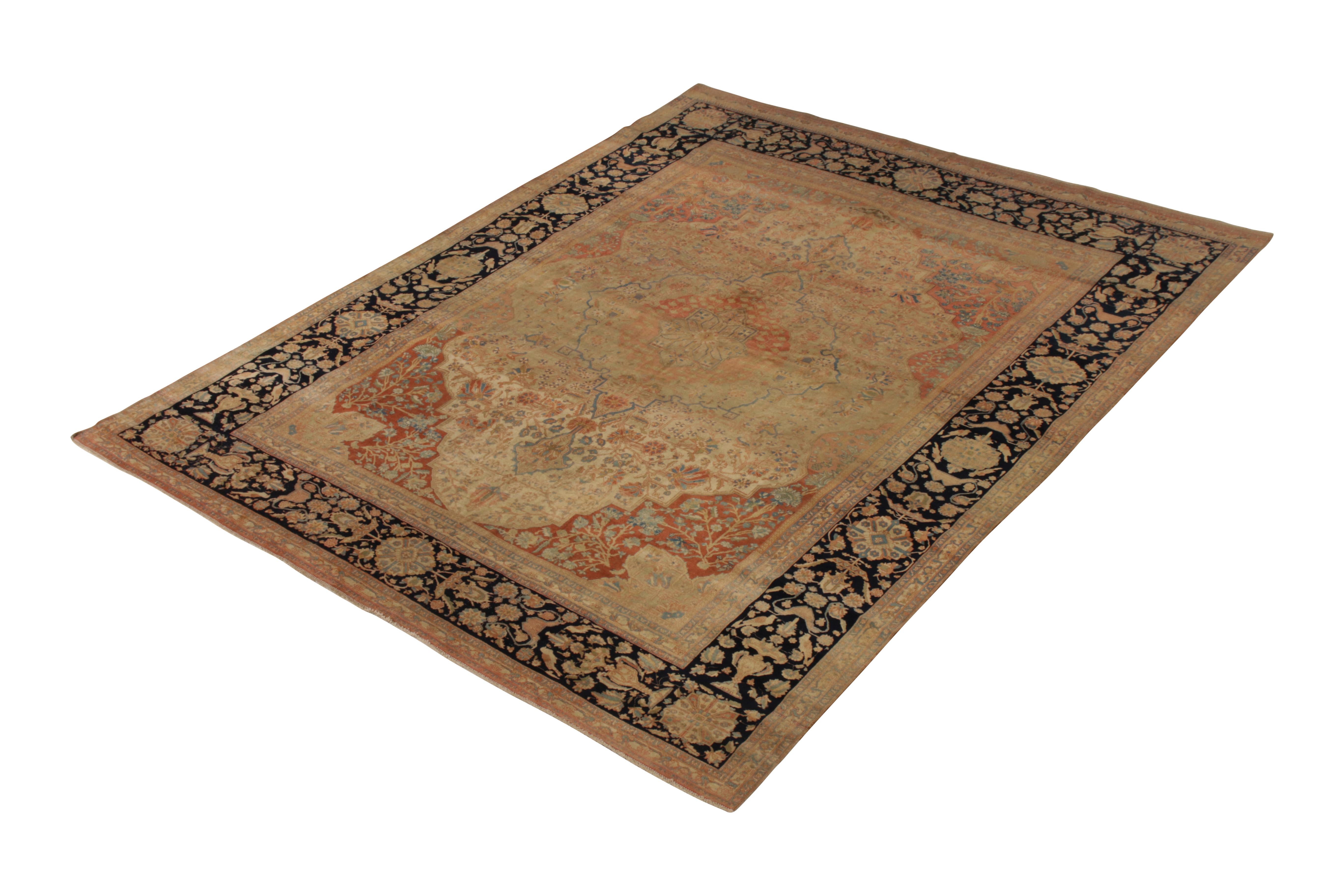 Hand knotted in wool originating circa 1890-1900, this 8 x 10 antique Persian rug connotes a regal Mohtashem rug style—prized among the most venerated classic Persian weavers of the period for distinguished creations like this large-size, regal