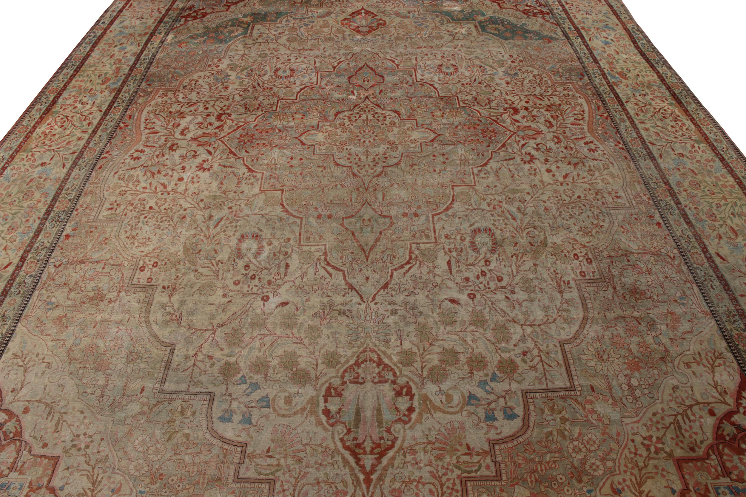 Hand knotted in wool originating from Turkey circa 1880-1900, this 10 x 14 antique rug connotes a regal Mohtashem rug style, prized among the most venerated Classic weavers of the period for distinguished creations like this large-size, regal