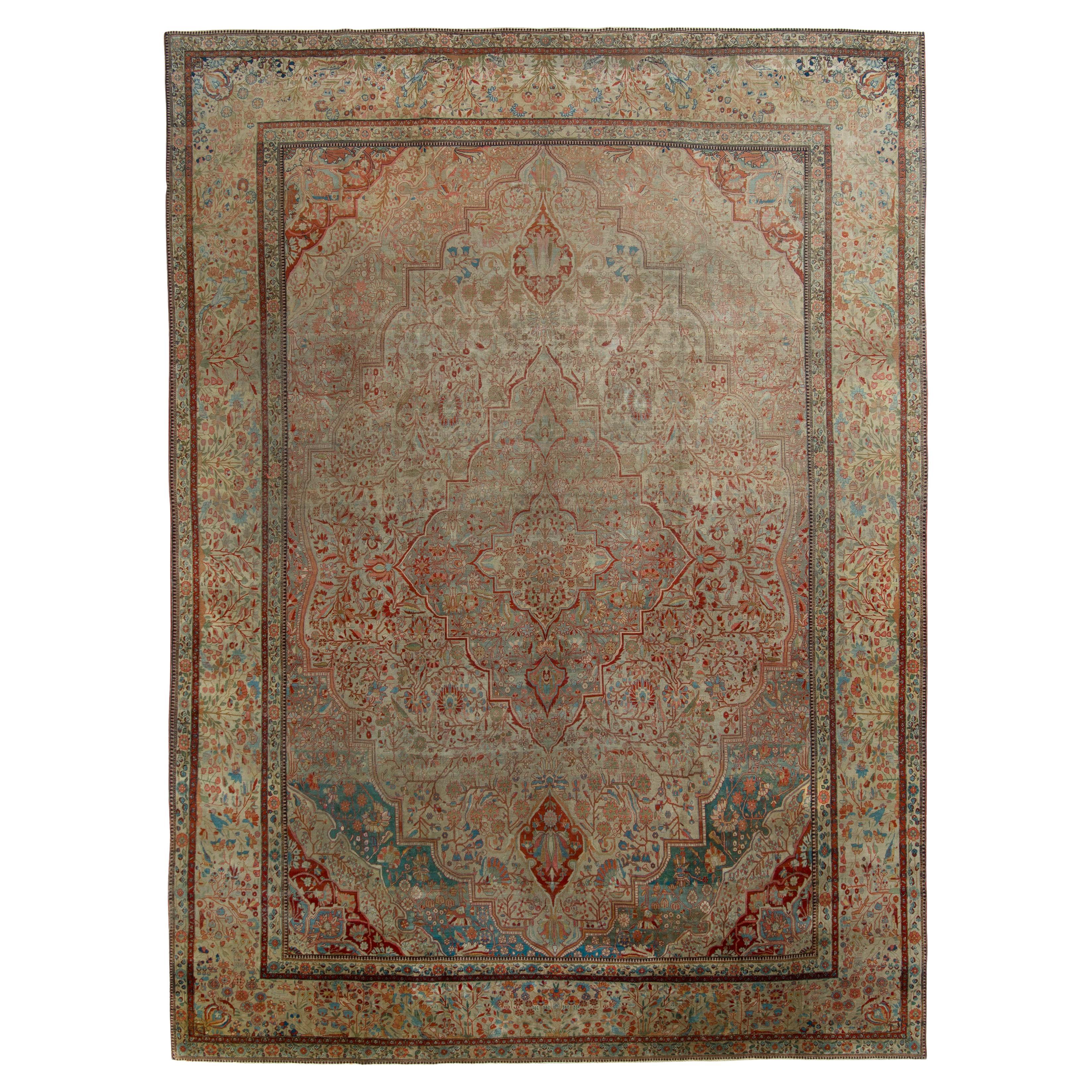 Hand Knotted Antique Rug in Beige Red Floral Medallion Pattern by Rug & Kilim For Sale