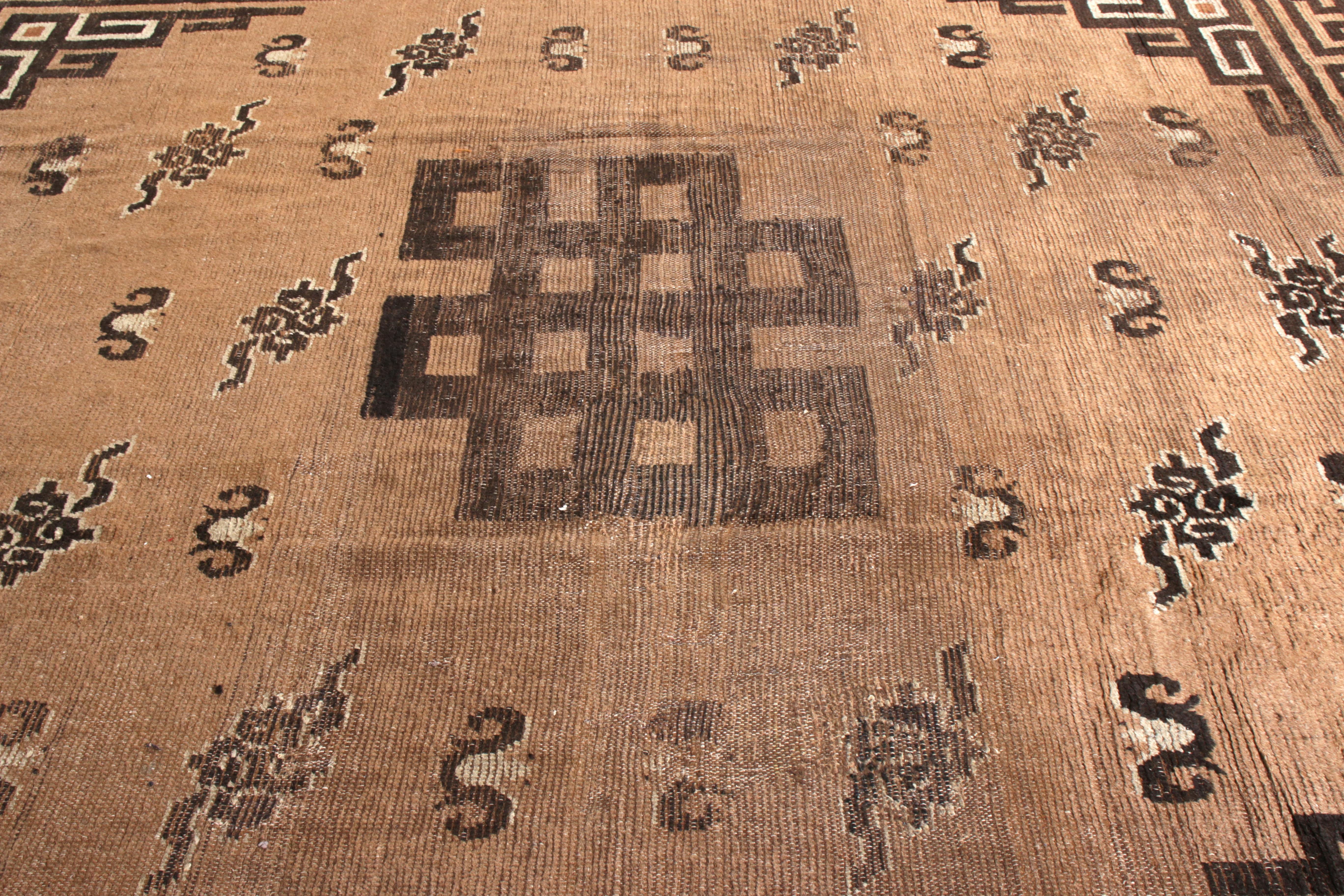 Mongolian Hand-Knotted Antique Rug in Beige-Brown Geometric Pattern by Rug & Kilim For Sale