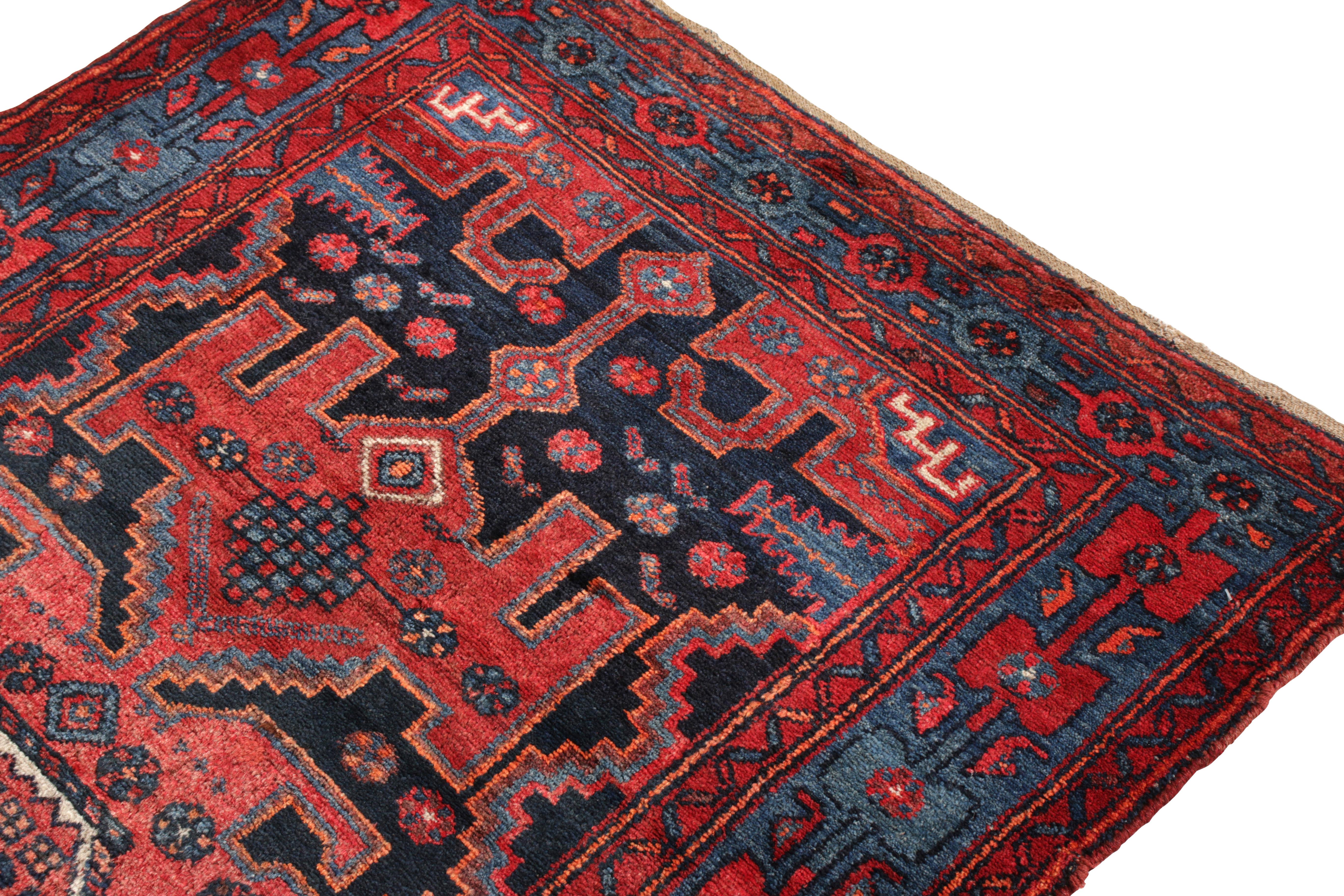 Persian Hand Knotted Antique Mosul Rug in Red Blue Tribal Medallion Pattern